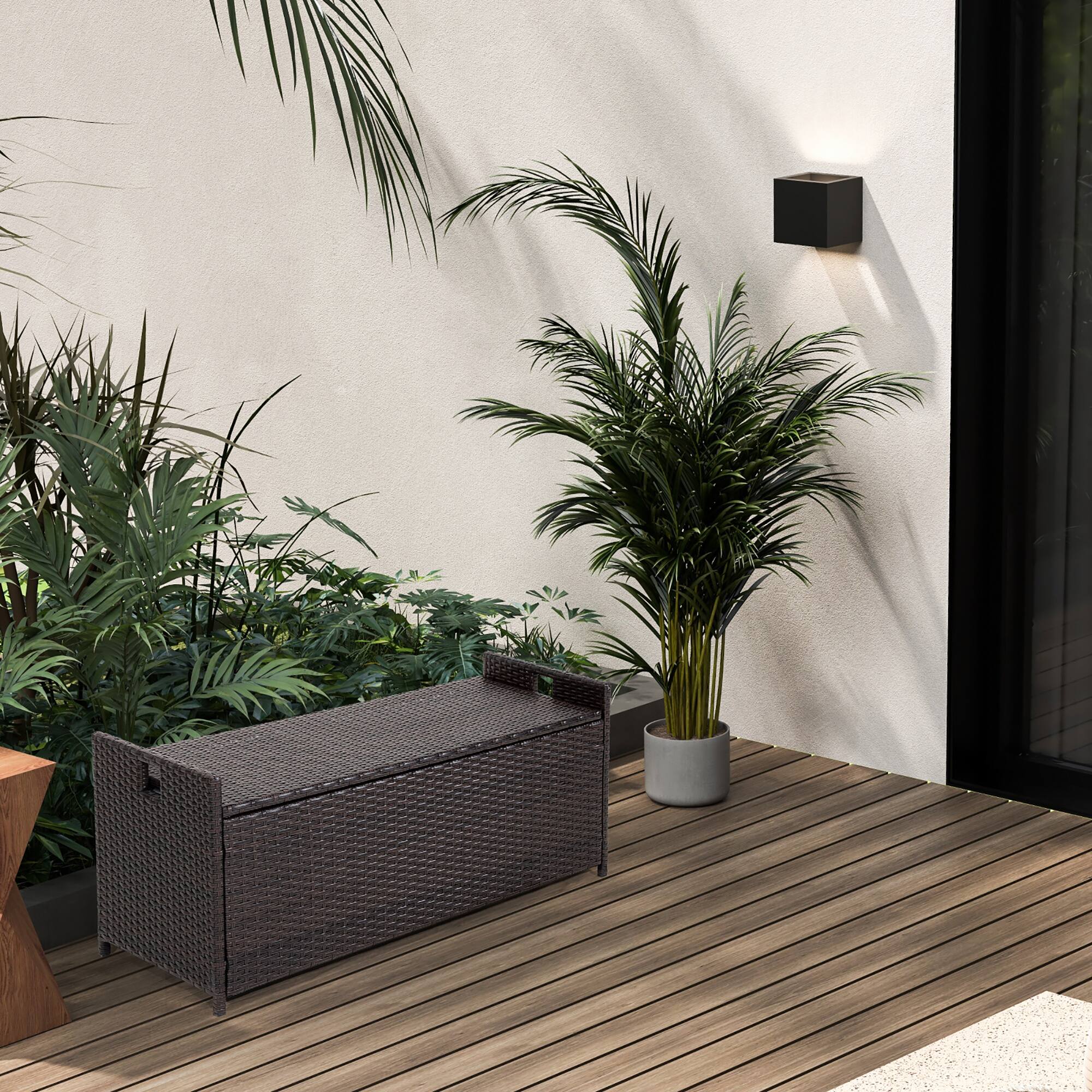 Alt View 2. Gymax - Gymax 34 Gallon Outdoor Storage Patio Bench Patio Wicker Deck Box w/ Off White Cushion - Mix Brown.