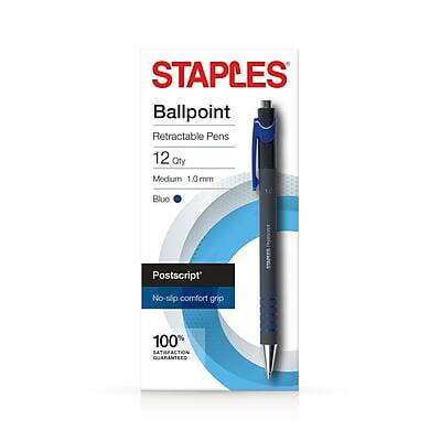 STAPLES  
Ballpoint Retractable Pens  
12 Qty  
Medium 1.0 mm  
Blue  

Postscript™  
No-slip comfort grip  

100% SATISFACTION GUARANTEED
