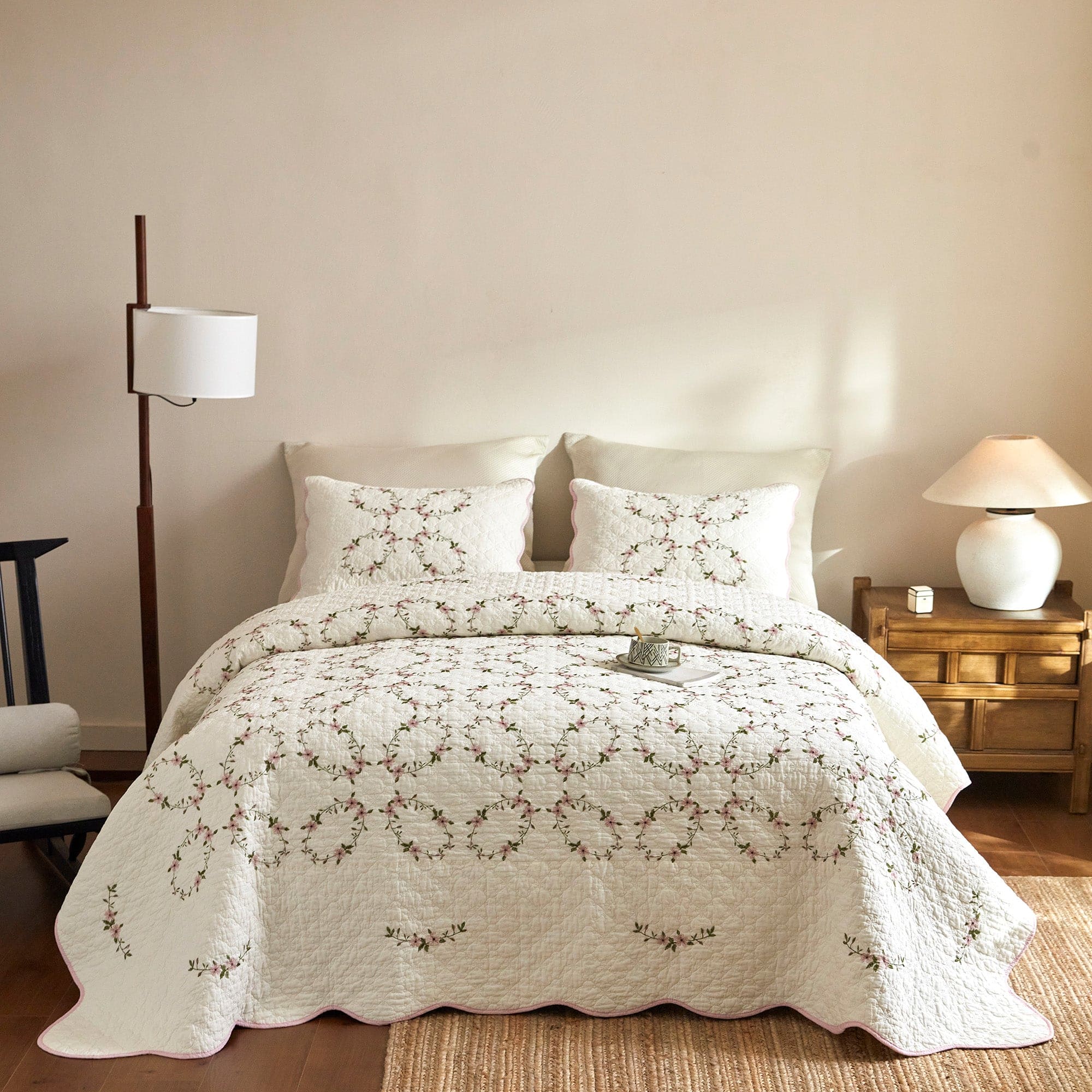 MarCielo - 3 Pieces Cotton French Country Floral Quilt Bedspread Set Cottagecore Style - White