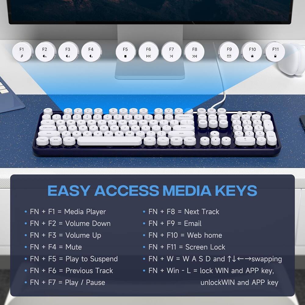 EASY ACCESS MEDIA KEYS

- FN + F1 = Media Player
- FN + F2 = Volume Down
- FN + F3 = Volume Up
- FN + F4 = Mute
- FN + F5 = Play to Suspend
- FN + F6 = Previous Track
- FN + F7 = Play / Pause
- FN + F8 = Next Track
- FN + F9 = Email
- FN + F10 = Web home
- FN + F11 = Screen Lock
- FN + W = W A S D and T swapping
- FN + Win - L = lock WIN and APP key, unlockWIN and APP key