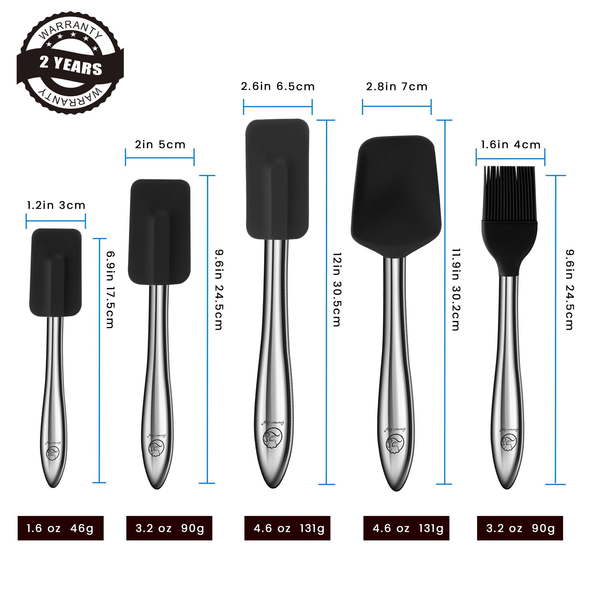 Back. Gourmet Easy - 5pcs Silicone Spatula Set with Stainless Steel Handle, Spatulas for Cooking & Baking with Spoonula & Brush - Black.