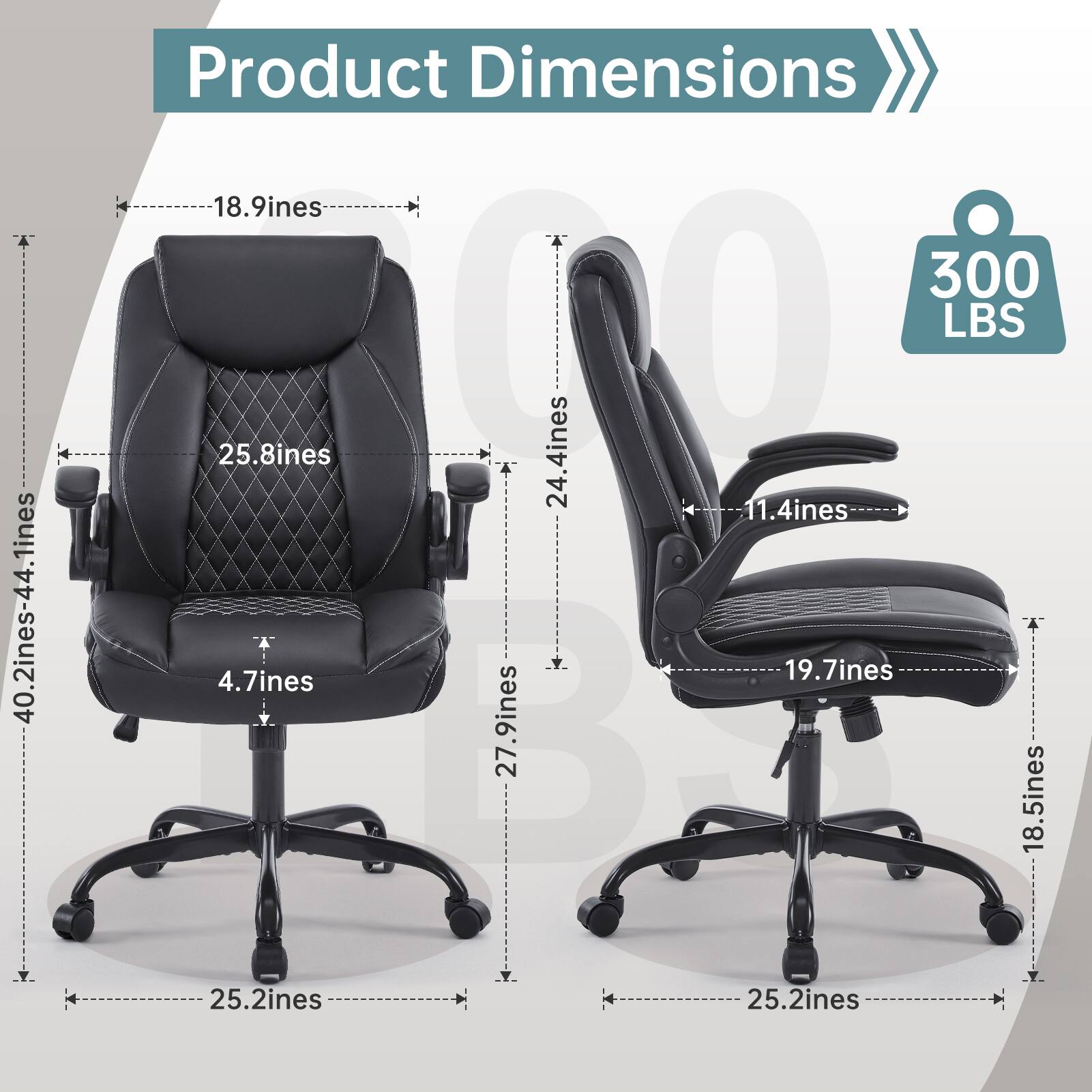 Product Dimensions

- Height: 40.2 inches - 44.1 inches
- Width: 25.8 inches
- Depth: 24.4 inches
- Seat Height: 18.9 inches
- Seat Depth: 24 inches
- Armrest Height: 27.9 inches
- Armrest Width: 11.4 inches
- Back Height: 27 inches
- Base Width: 25.2 inches
- Weight Capacity: 300 LBS