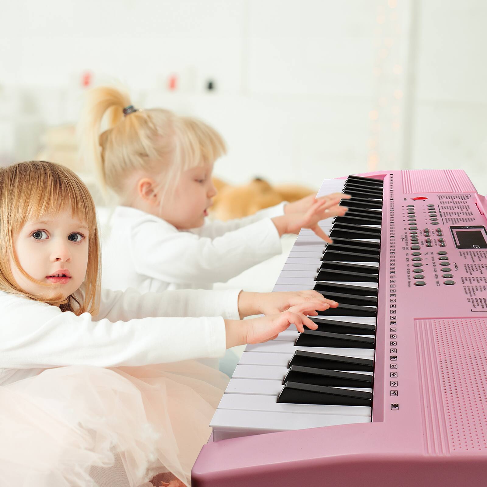 Back. Winado - 61 Key Electronic Keyboard Piano Organ with Microphone Stand Stool Earphone Pink.