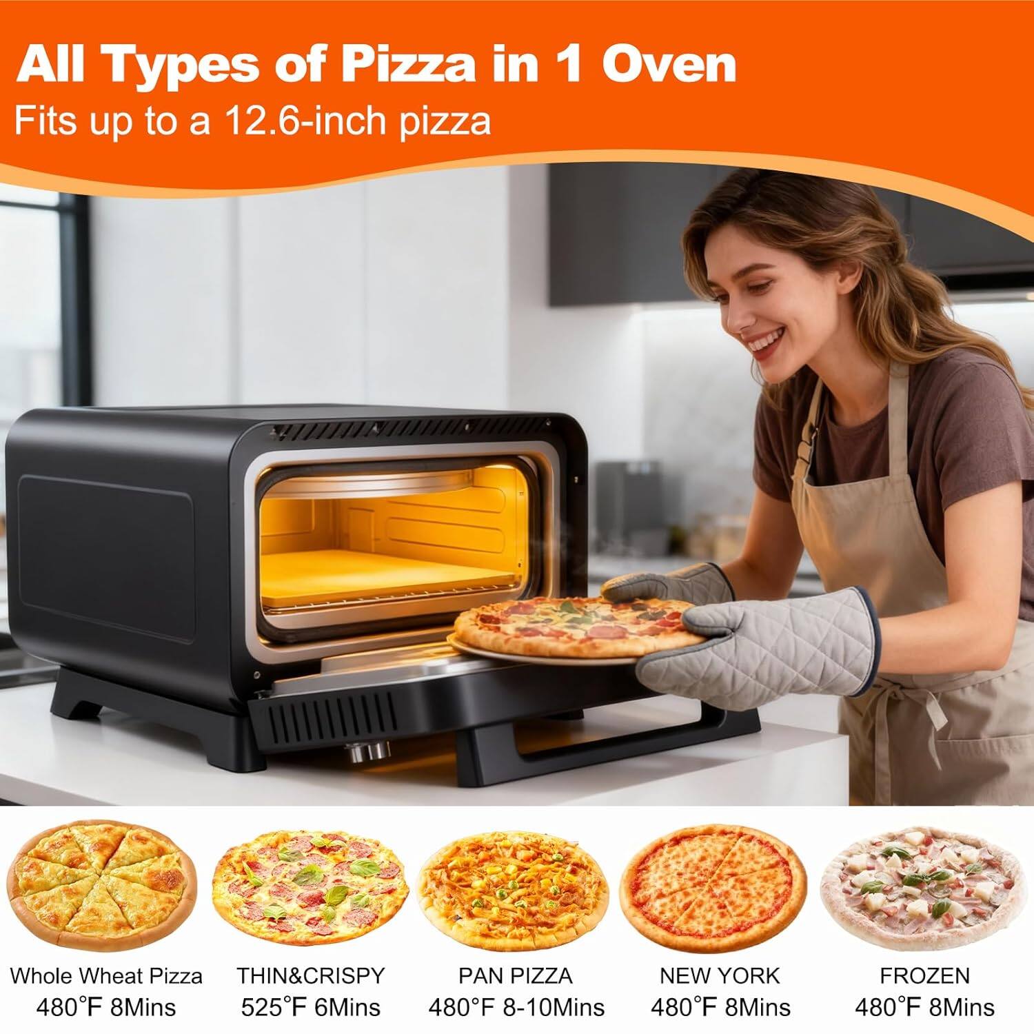 All Types of Pizza in 1 Oven  
Fits up to a 12.6-inch pizza  

Whole Wheat Pizza  
480°F 8 Mins  

THIN&CRISPY  
525°F 6 Mins  

PAN PIZZA  
480°F 8-10 Mins  

NEW YORK  
480°F 8 Mins  

FROZEN  
480°F 8 Mins