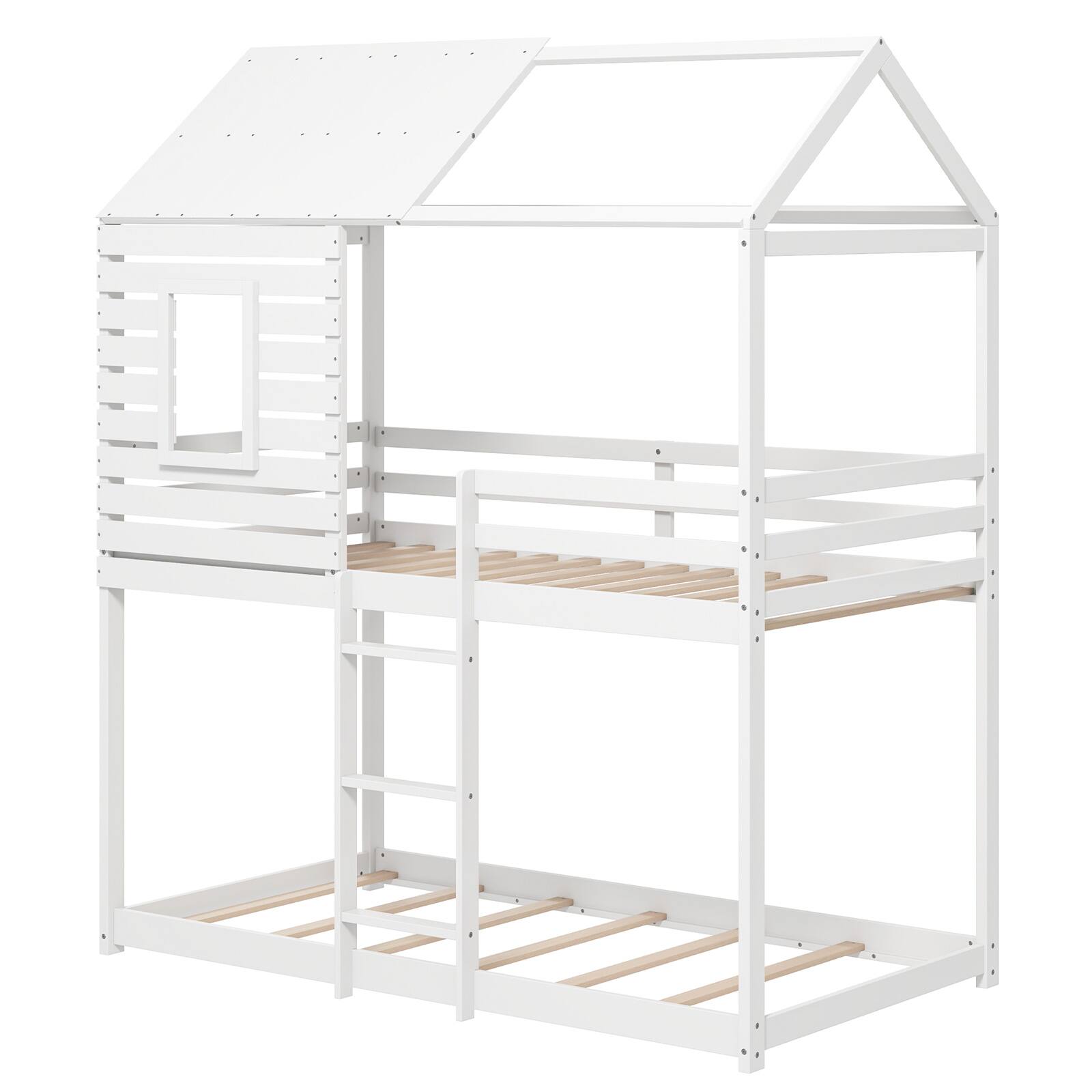 Alt View 1. Gymax - Gymax Twin over Twin House Bunk Bed Low-to-ground Bed Frame w/ Roof Solid Wood Bed - White.