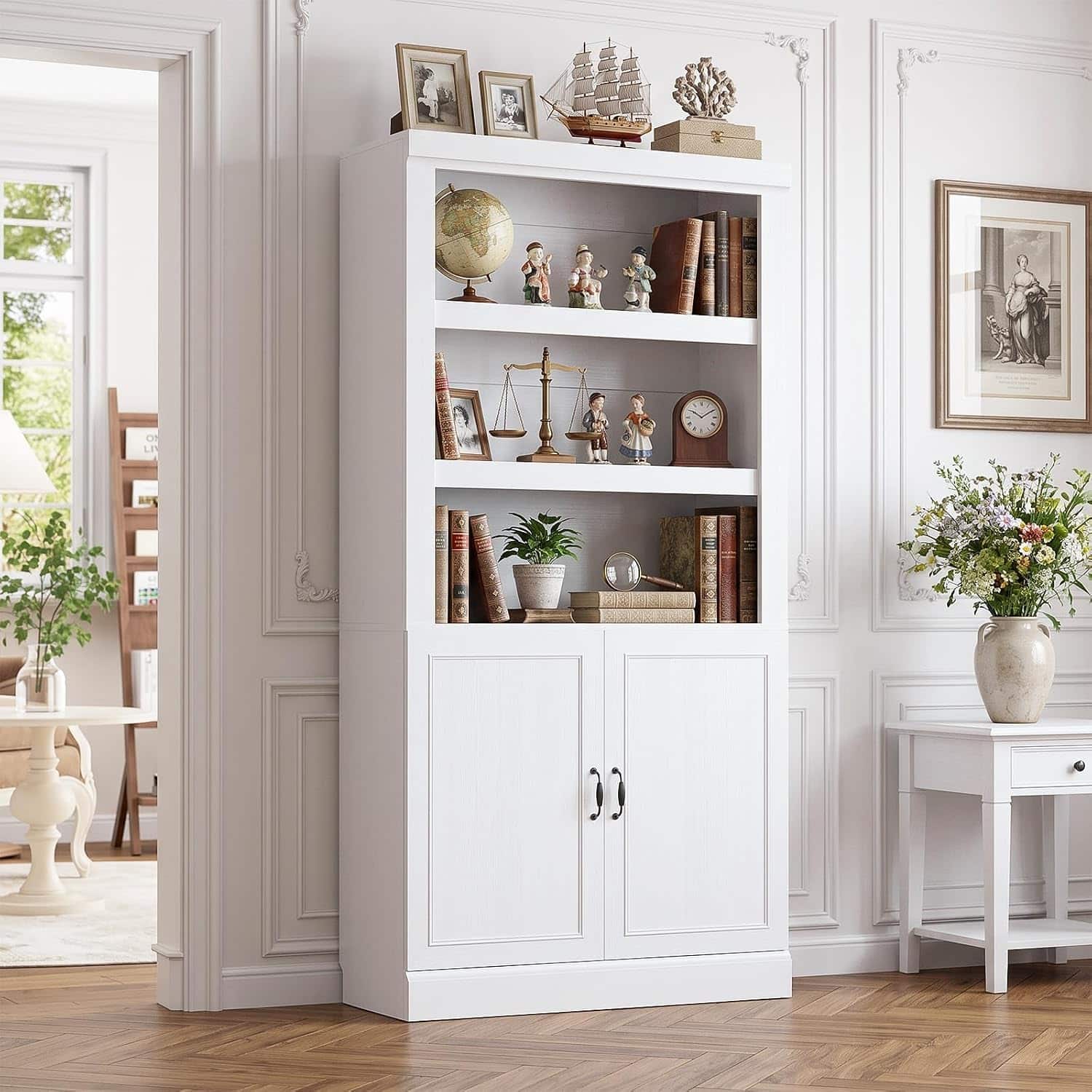 Front. Aheaplus - 71"5-Tier Wooden Bookshelf with Doors - Adjustable Shelves for Living Room, Office, Bedroom & Kitchen Storage - White.