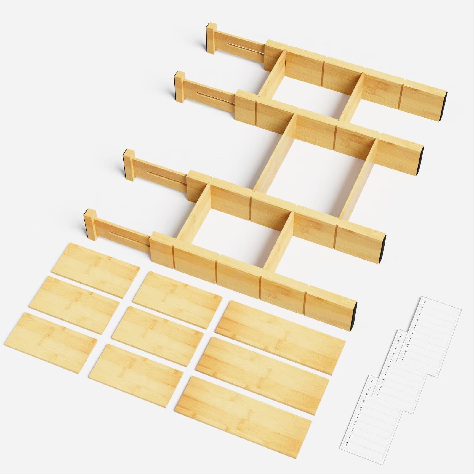 Tooloton - 4 Pack Bamboo Drawer Organizer Set with Adjustable Dividers, 9 Inserts and Labels (13.25-17 Inch - Natural