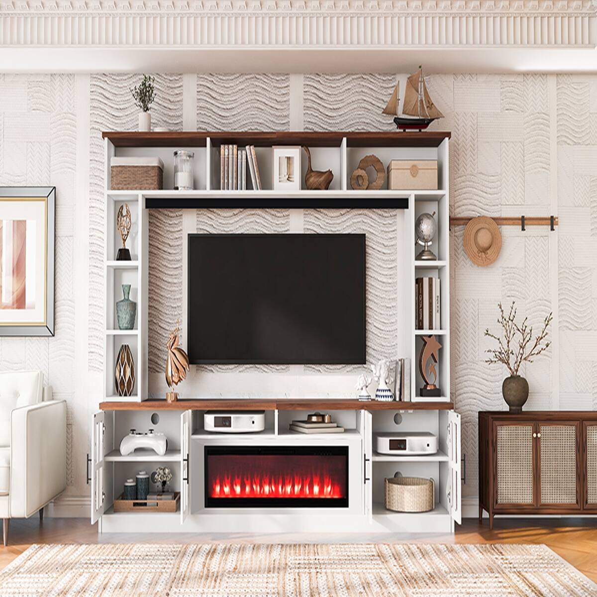 Alt View 2. Loheer - Loheer 95.5" Entertainment Center for 80 Inch TV with Electric Fireplace, White and Walnut - White+Walnut.