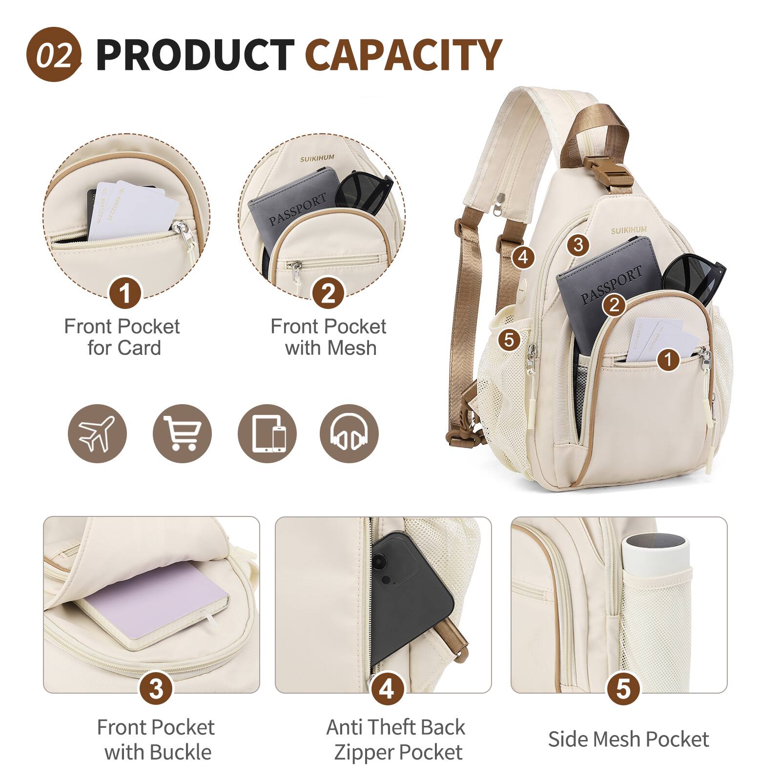 02 PRODUCT CAPACITY

1. Front Pocket for Card
2. Front Pocket with Mesh
3. Front Pocket with Buckle
4. Anti Theft Back Zipper Pocket
5. Side Mesh Pocket