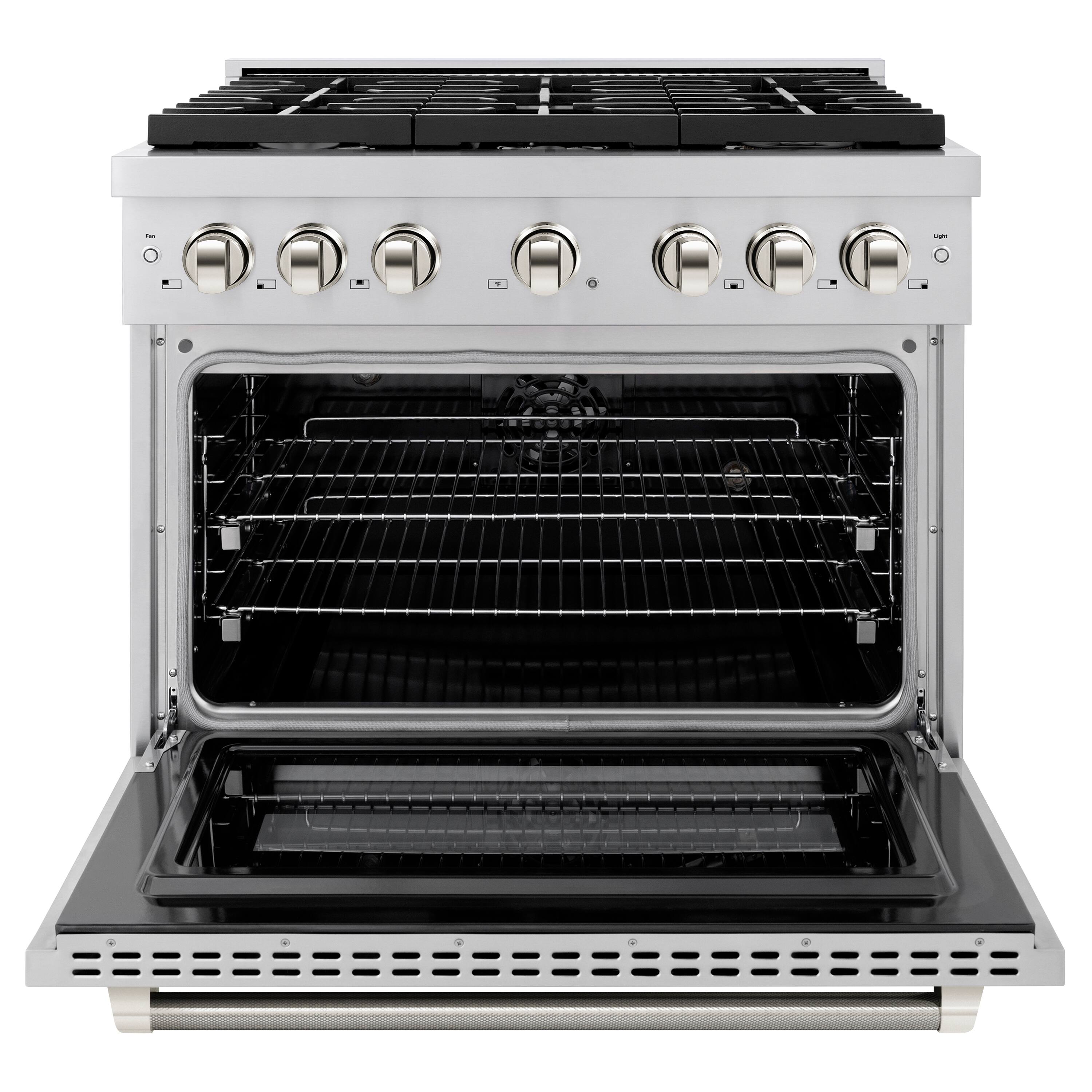 Angle. ZLINE - ZLINE Autograph 36 in. 5.2 cu. ft. Freestanding Paramount Dual Fuel Range in Stainless Steel with Nickel Helix Handle - Stainless Steel.