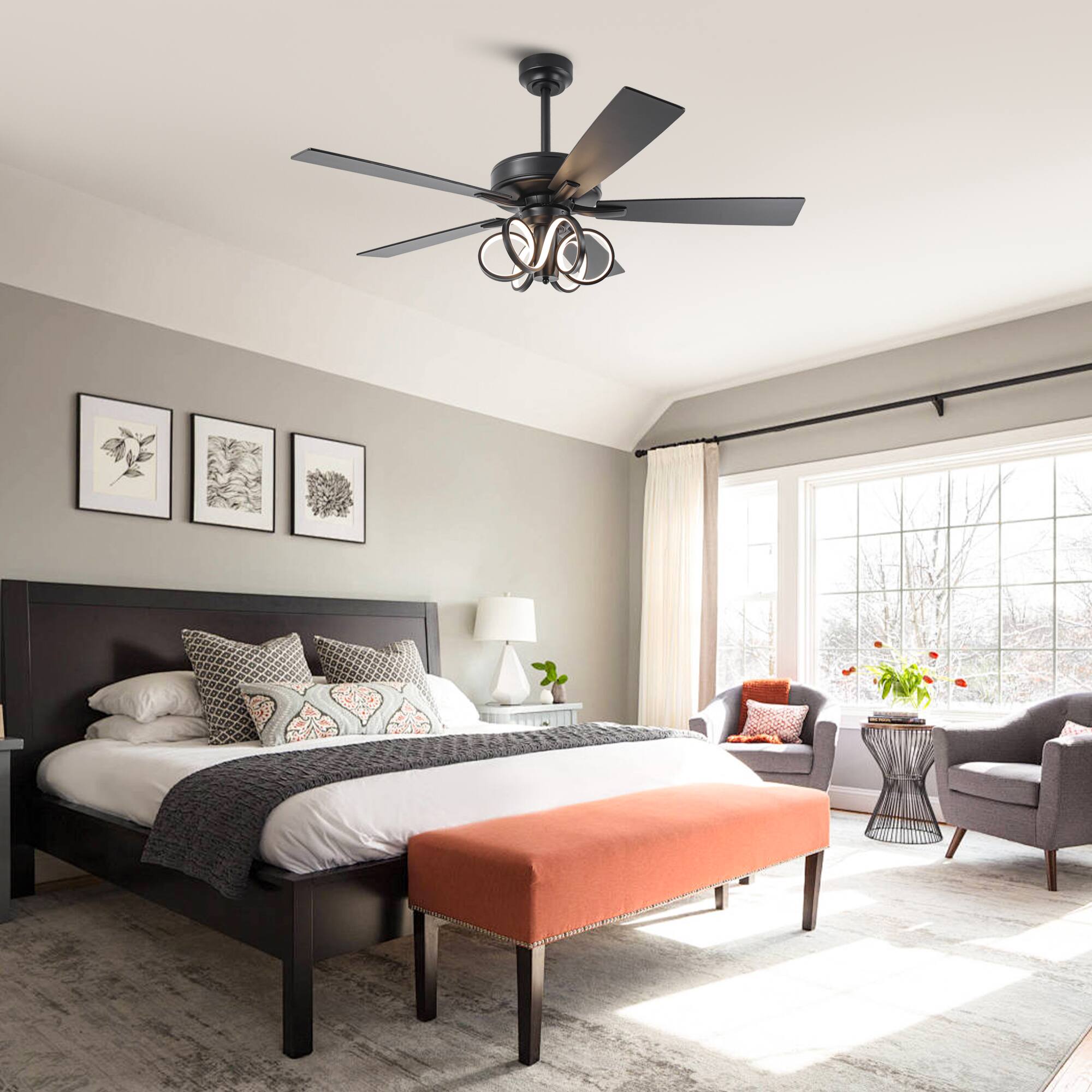 Left. Parrot Uncle - 52-inch Modern Black Indoor LED Ceiling Fan with Remote Control - Black.