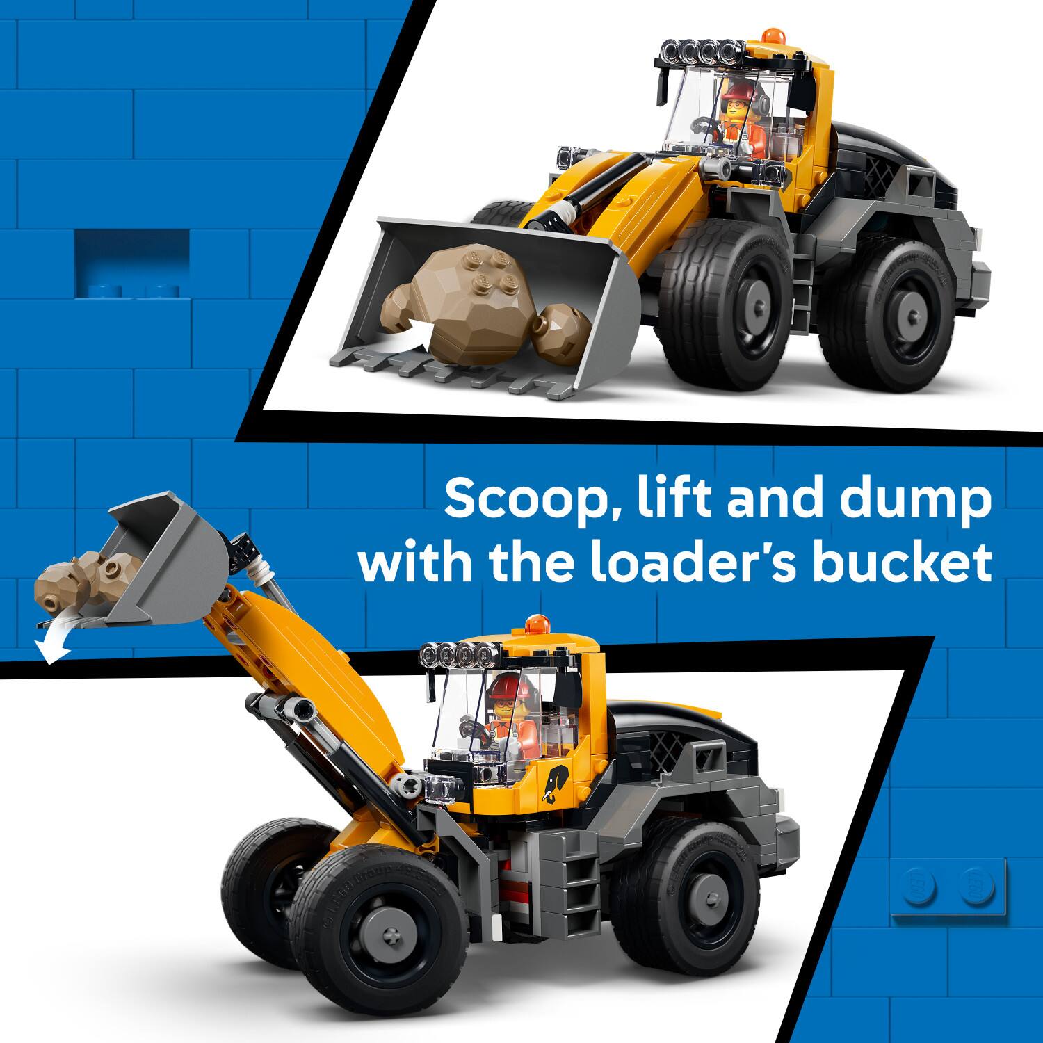 Scoop, lift and dump with the loader's bucket