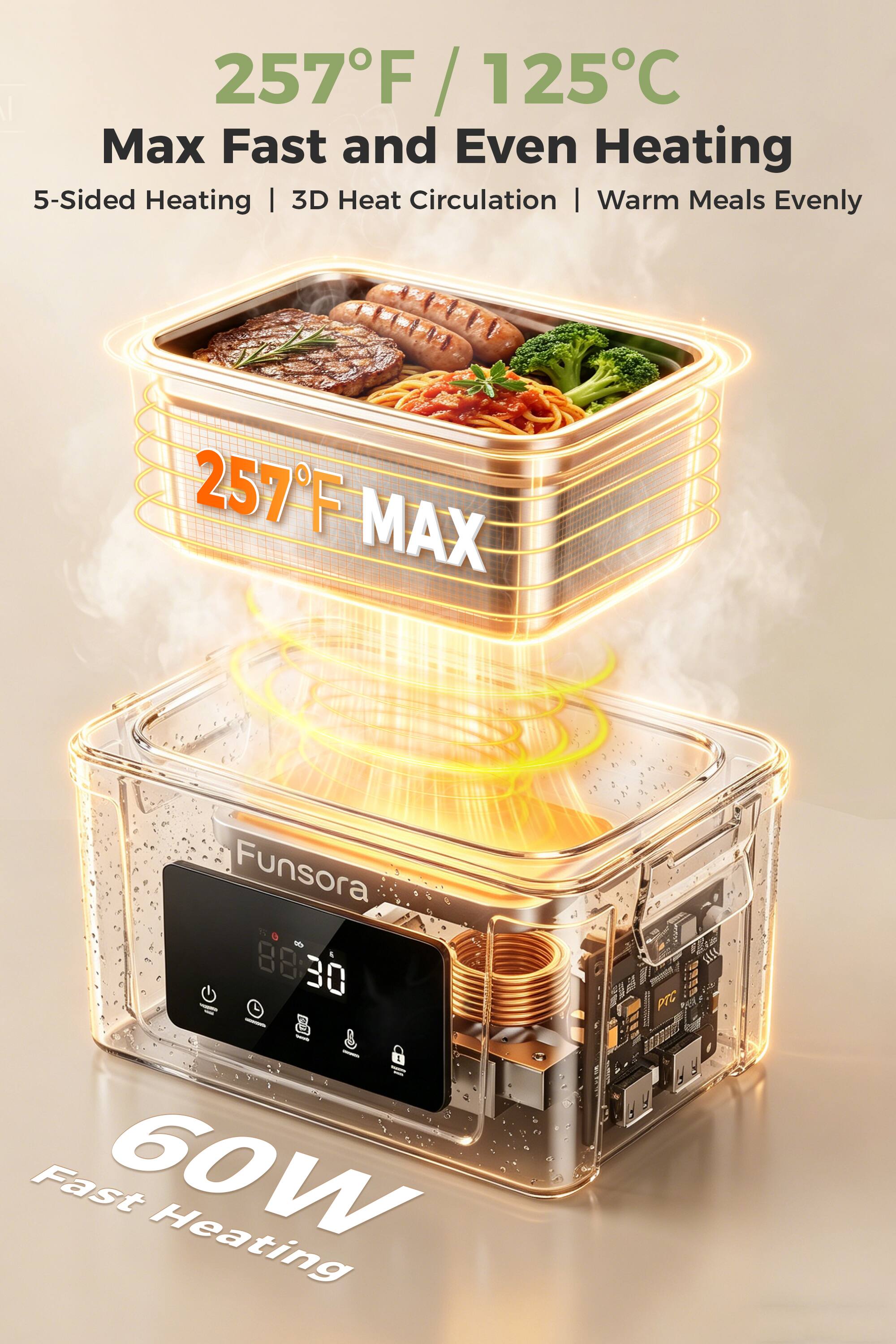 257°F / 125°C  
Max Fast and Even Heating  
5-Sided Heating | 3D Heat Circulation | Warm Meals Evenly  
257°F MAX  
60W Fast Heating  
PTC