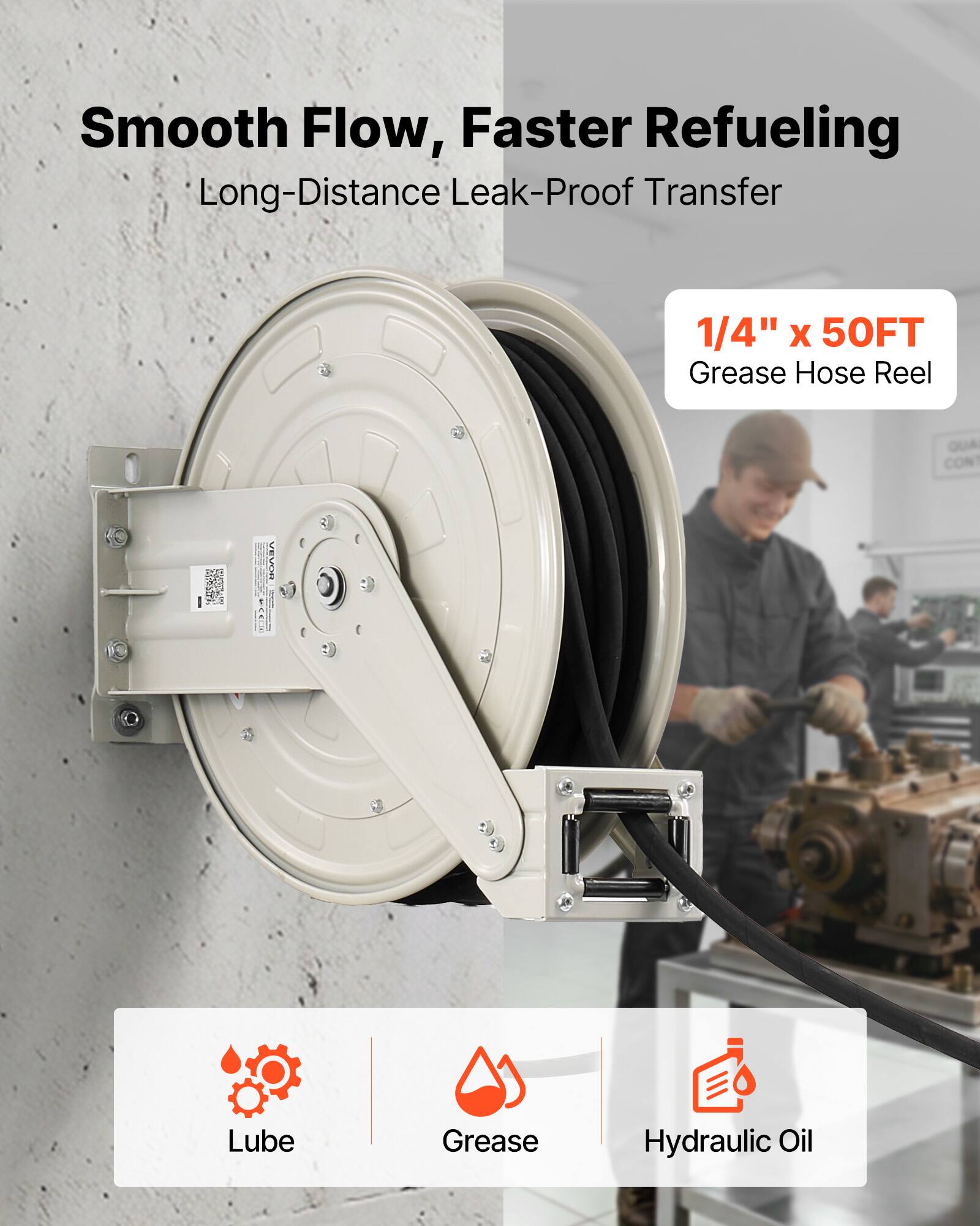 Smooth Flow, Faster Refueling  
Long-Distance Leak-Proof Transfer  
1/4" x 50FT Grease Hose Reel  

QUA CON SN: Lube Grease Hydraulic Oil