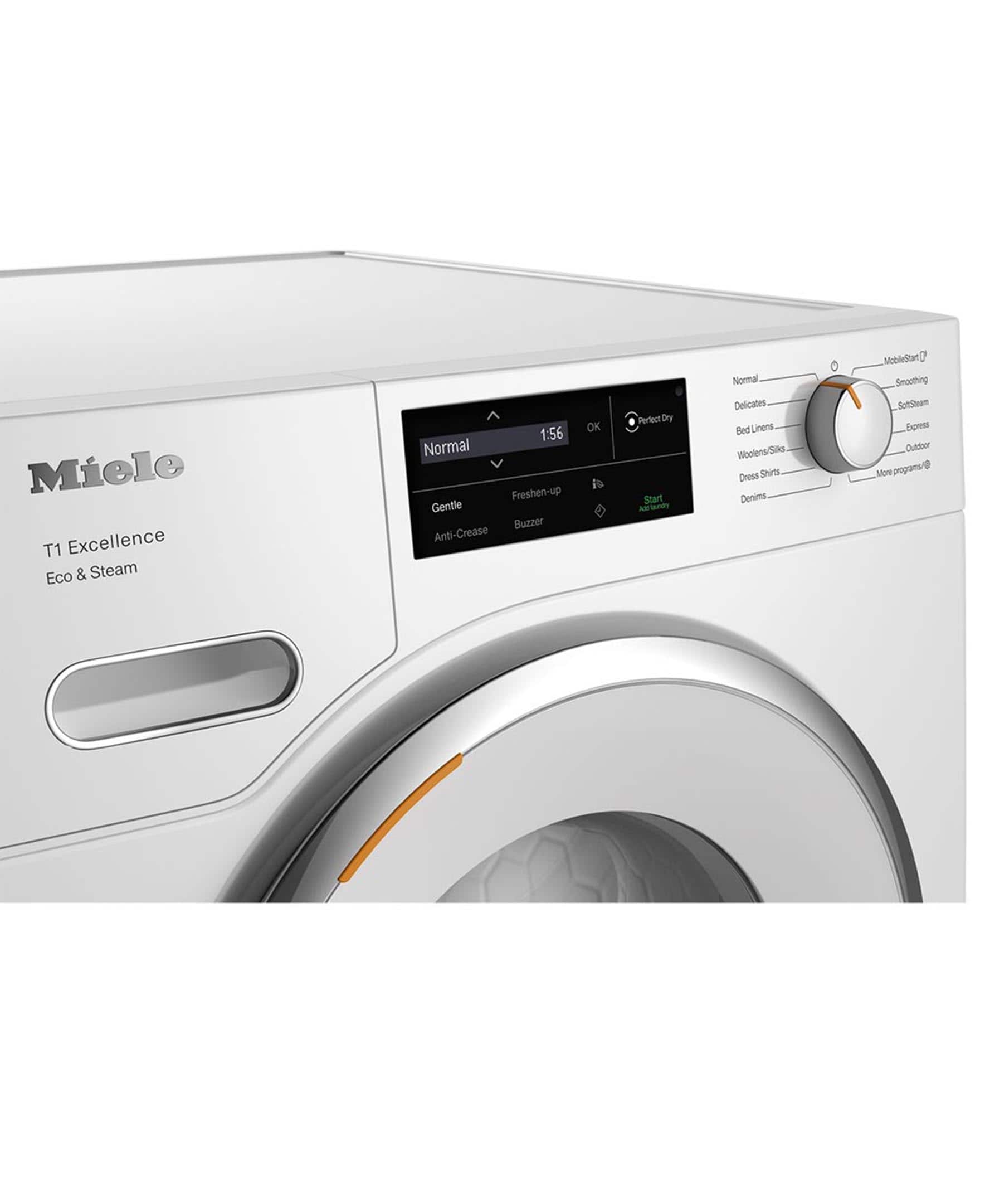 Miele T1 Excellence Eco & Steam 1:56 Normal Freshen-up Gentle Buzzer Anti-Crease OK Perfect Dry Start Auto Cleaning Sensors Dandy Normal Delicates Bed Linens Woolens Silk Dress Shirts Denims Mixed Fabrics Outdoor Programs 4 Mixed Fabrics.