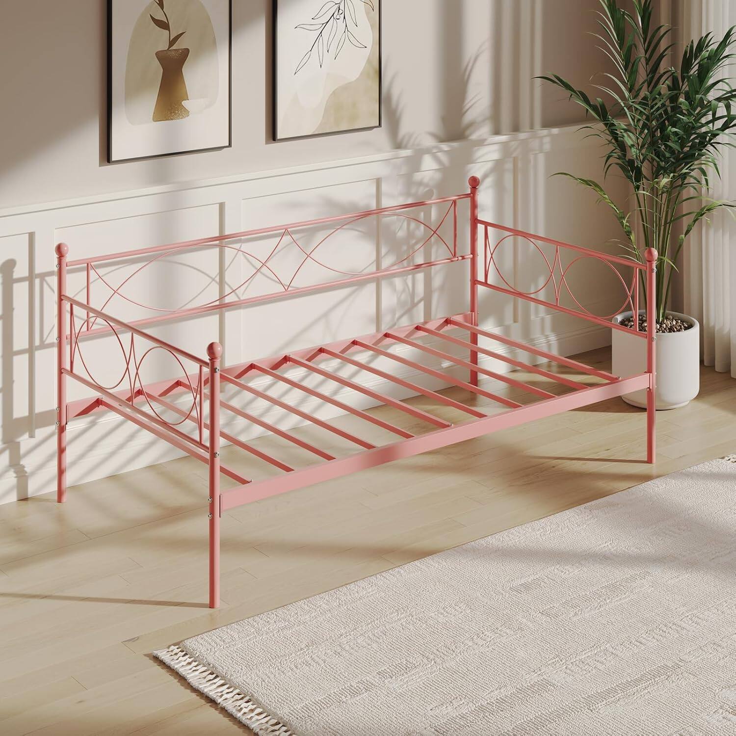 Alt View 7. GARVEE - Twin Size Daybed with Trundle - Metal Daybed Frame with Steel Slats, Headboard & Roll-Out Bed (Pink Daybed) - Pink.