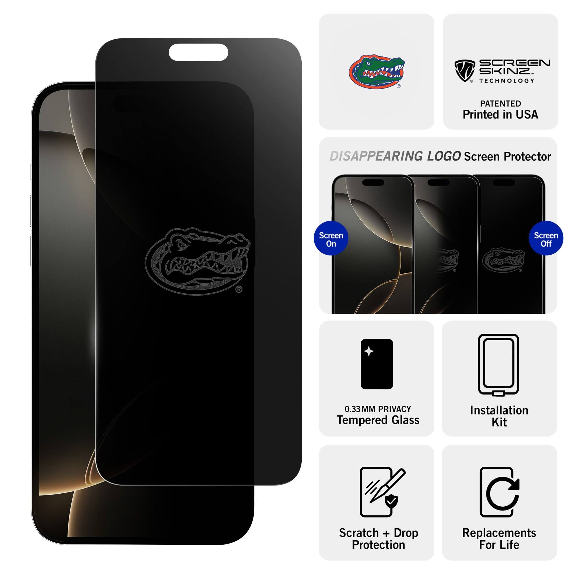 SCREEN SKINZ TECHNOLOGY  
PATENTED Printed in USA  
DISAPPEARING LOGO Screen Protector  
Screen On  
Screen Off  
0.33MM PRIVACY Tempered Glass  
Installation Kit  
Scratch + Drop Protection  
Replacements For Life