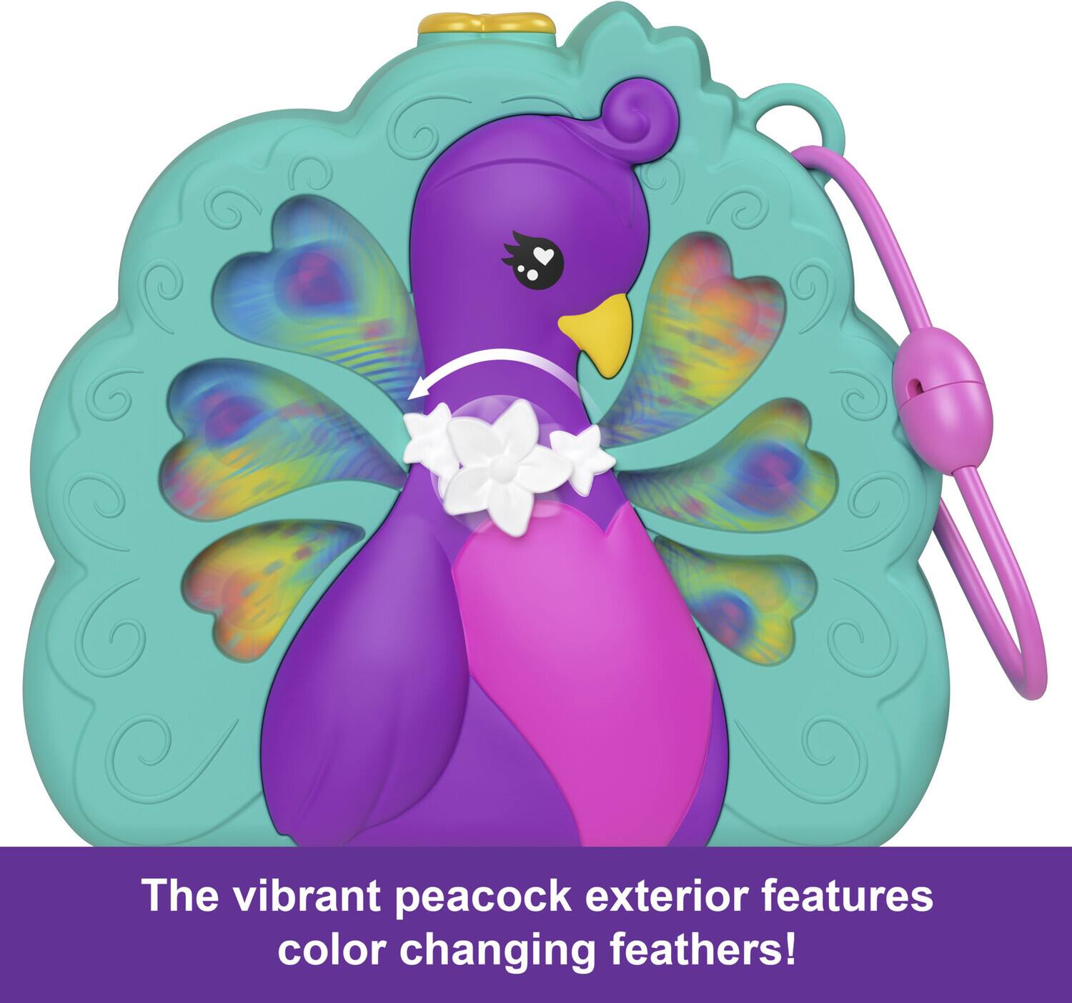 The vibrant peacock exterior features color-changing feathers!