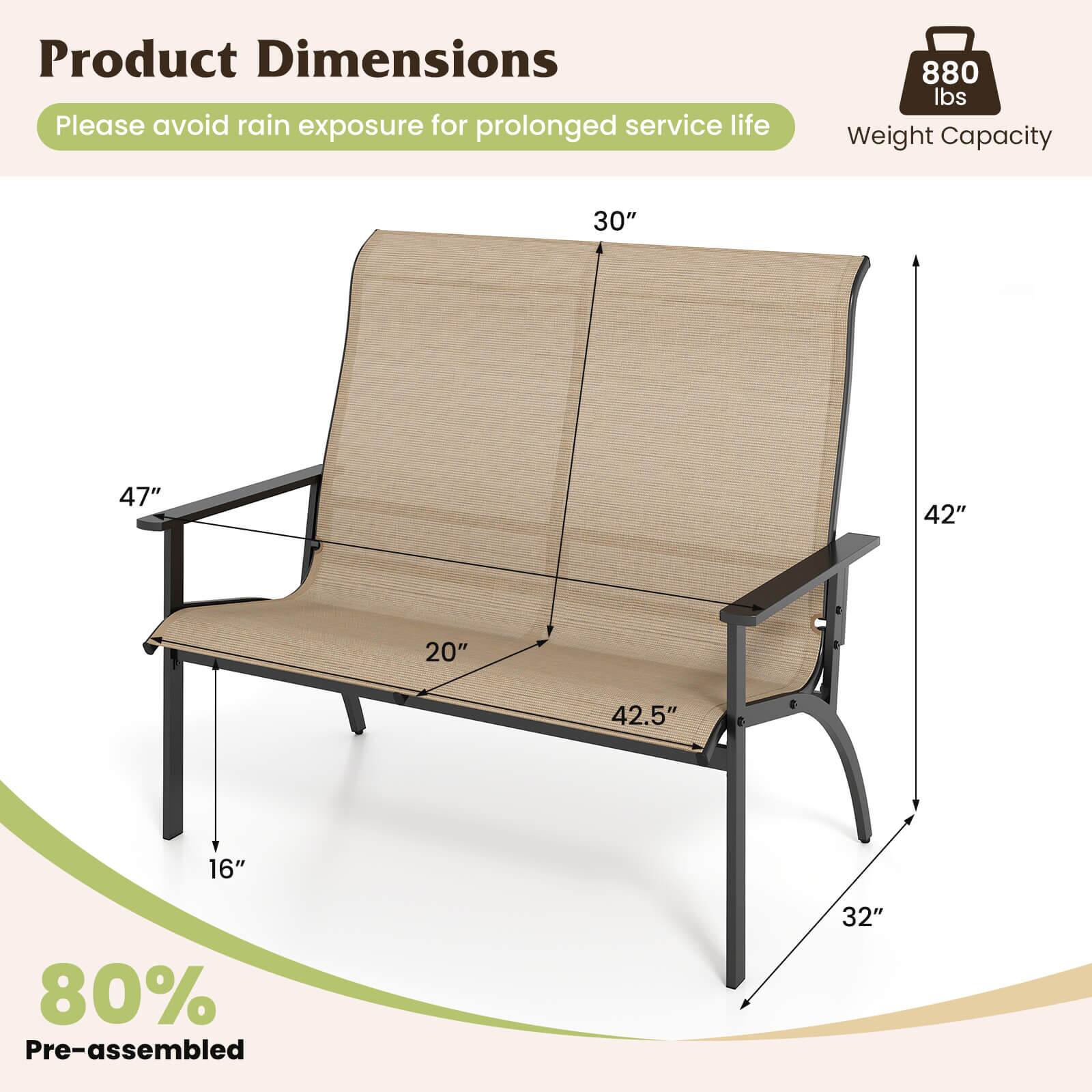 Product Dimensions  
Please avoid rain exposure for prolonged service life  

Weight Capacity: 880 lbs  

Dimensions:  
- 30" (width)  
- 47" (height)  
- 42" (depth)  
- 42.5" (seat depth)  
- 20" (seat width)  
- 16" (leg height)  
- 32" (overall height)  

80% Pre-assembled