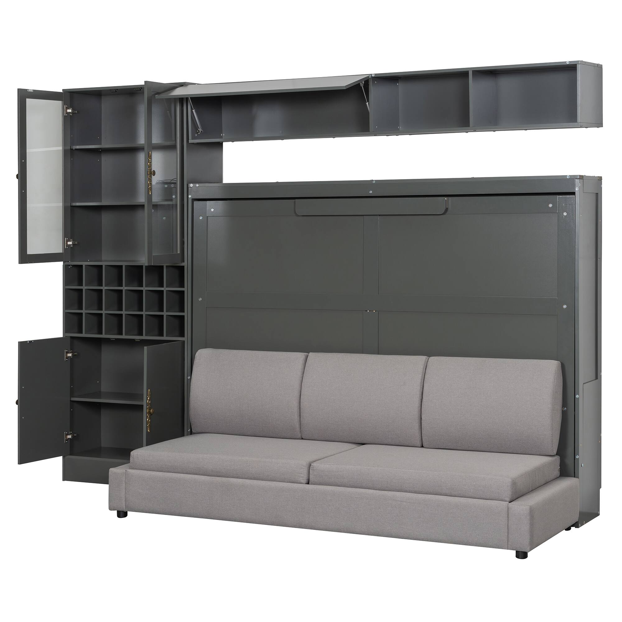 Alt View 7. Tiramisubest - Full Size Murphy Bed with Sofa, Shelves, USB & Light, Gray, MDF+LVL - Gray.