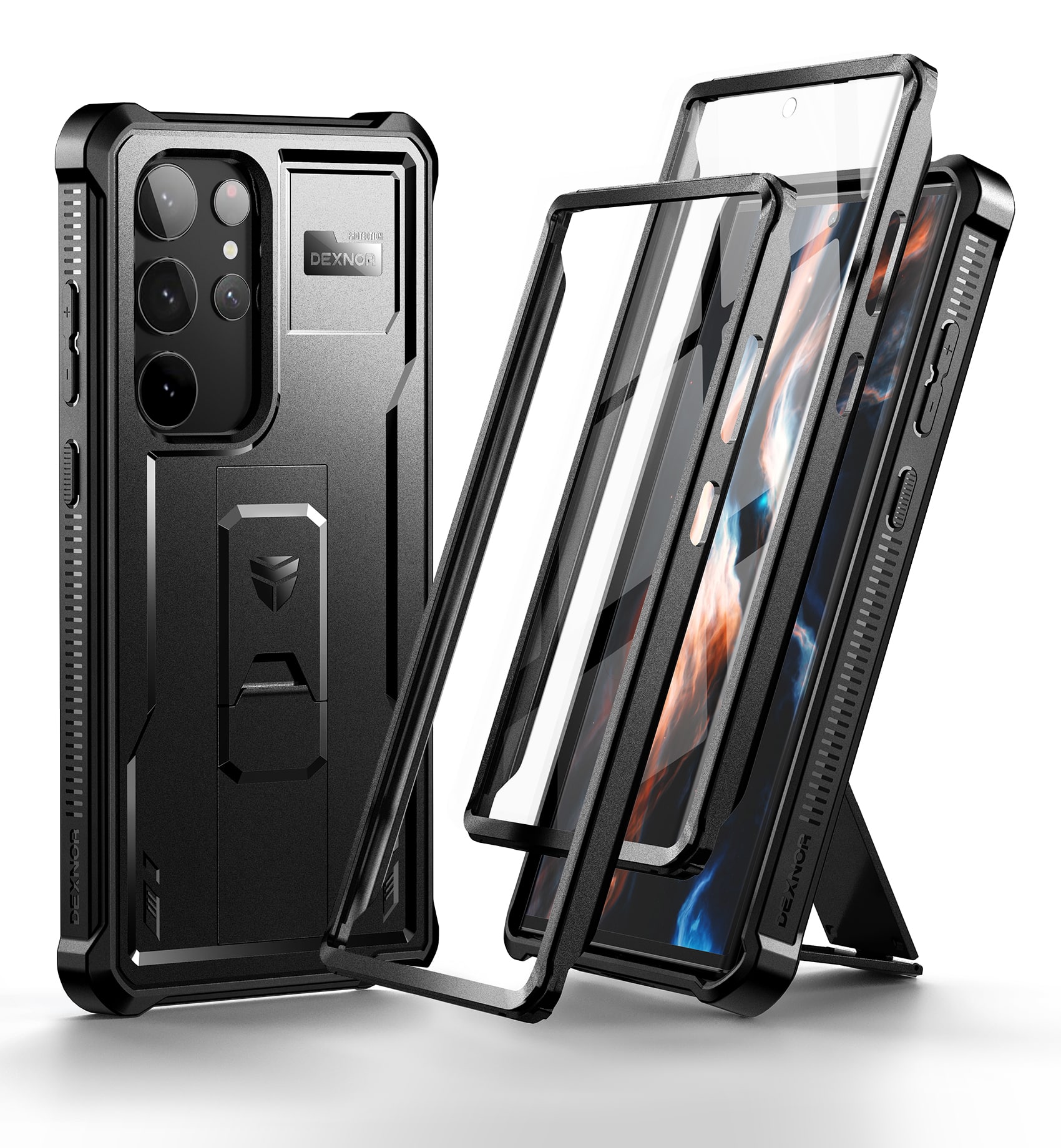 Dexnor - Case for Samsung Galaxy S23 Ultra, Shockproof Double Front Frame & Stand, Shock Absorber Technology Drop Protection - Black