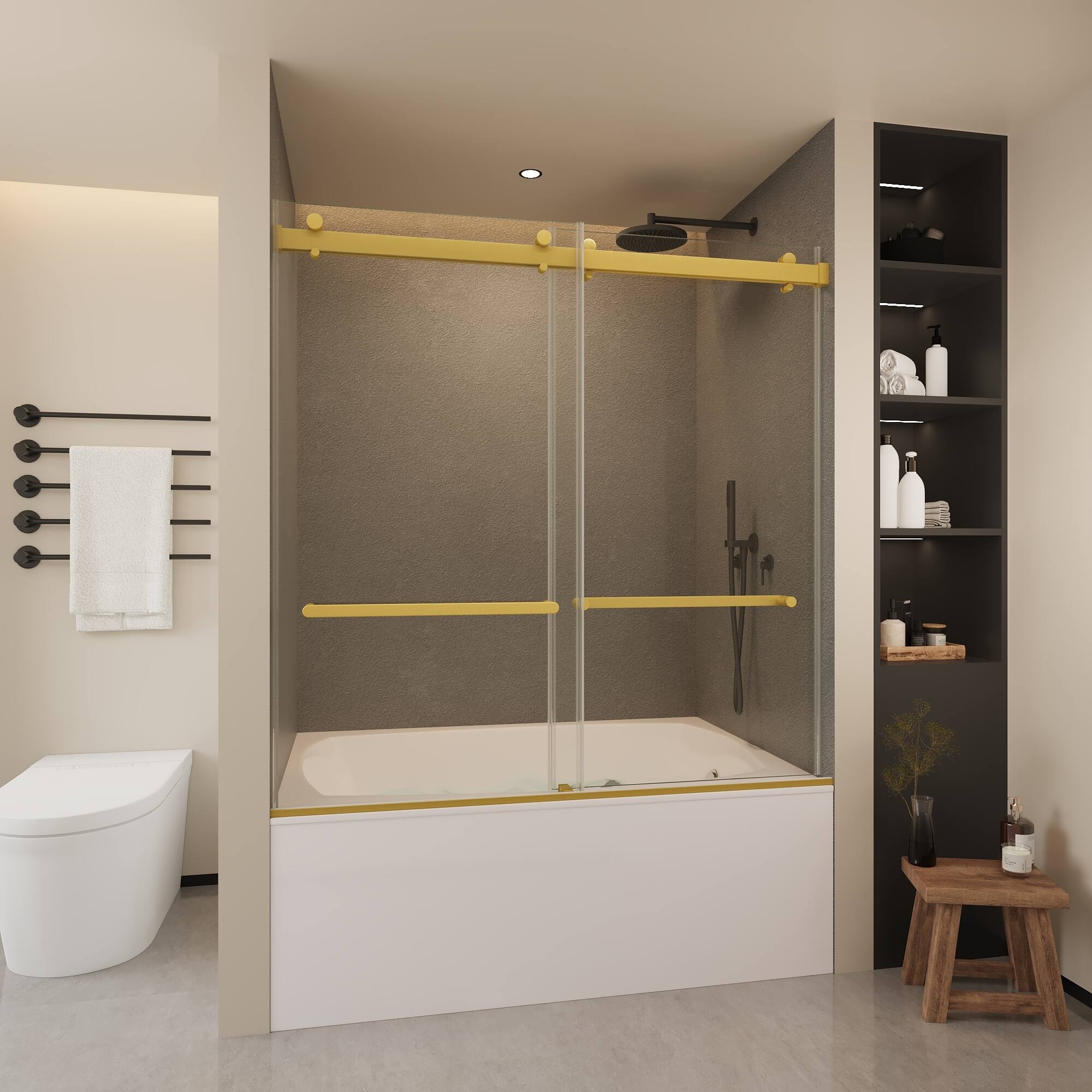 LOVMOR - Frameless Bathtub Shower Doors 56-60 W x 60 H Brushed - Gold