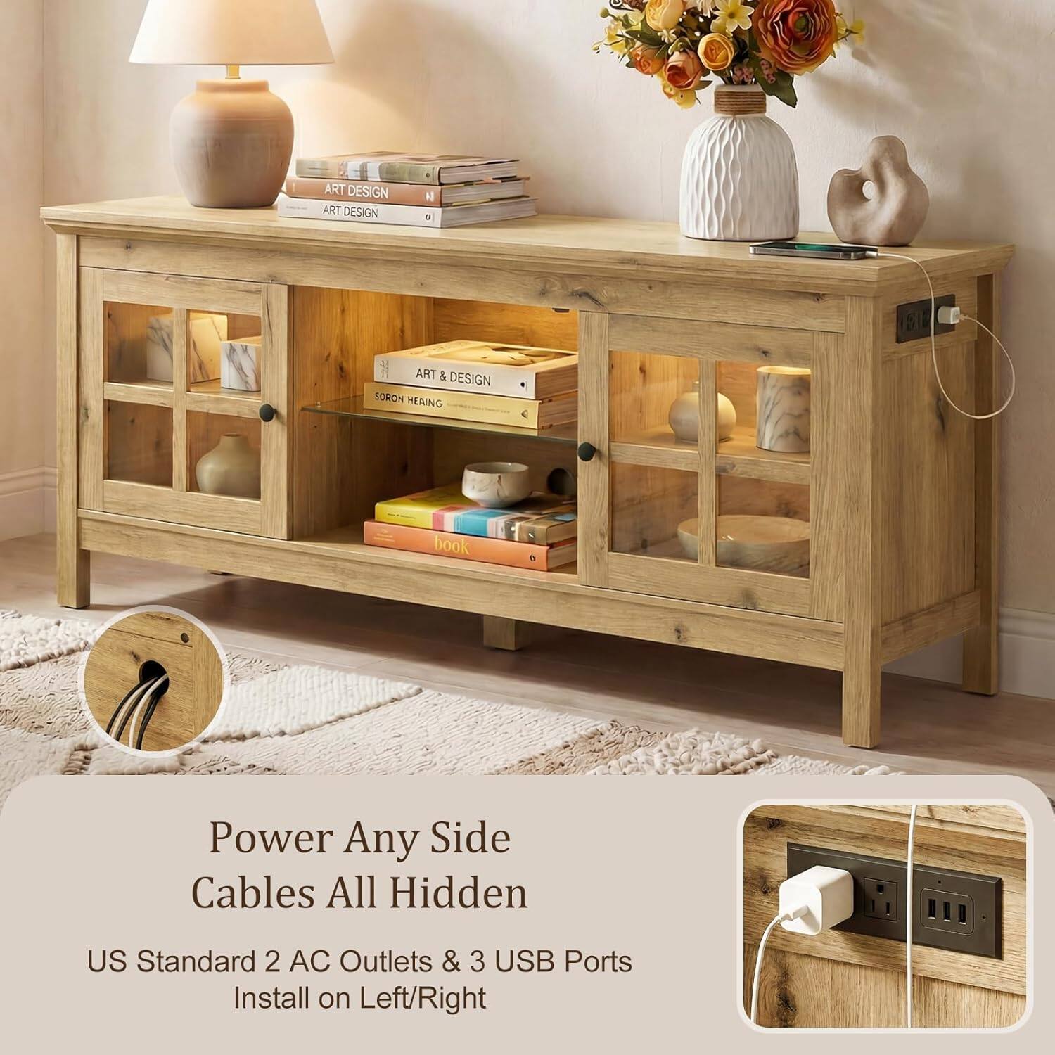 ART DESIGN  
ART DESIGN  
ART & DESIGN  
SORON HEAING  
book  

Power Any Side  
Cables All Hidden  

US Standard 2 AC Outlets & 3 USB Ports  
Install on Left/Right