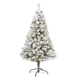 BreeBe - 5' Flocked Christmas Tree w/Pinecones 150 LED 360 Tip - White