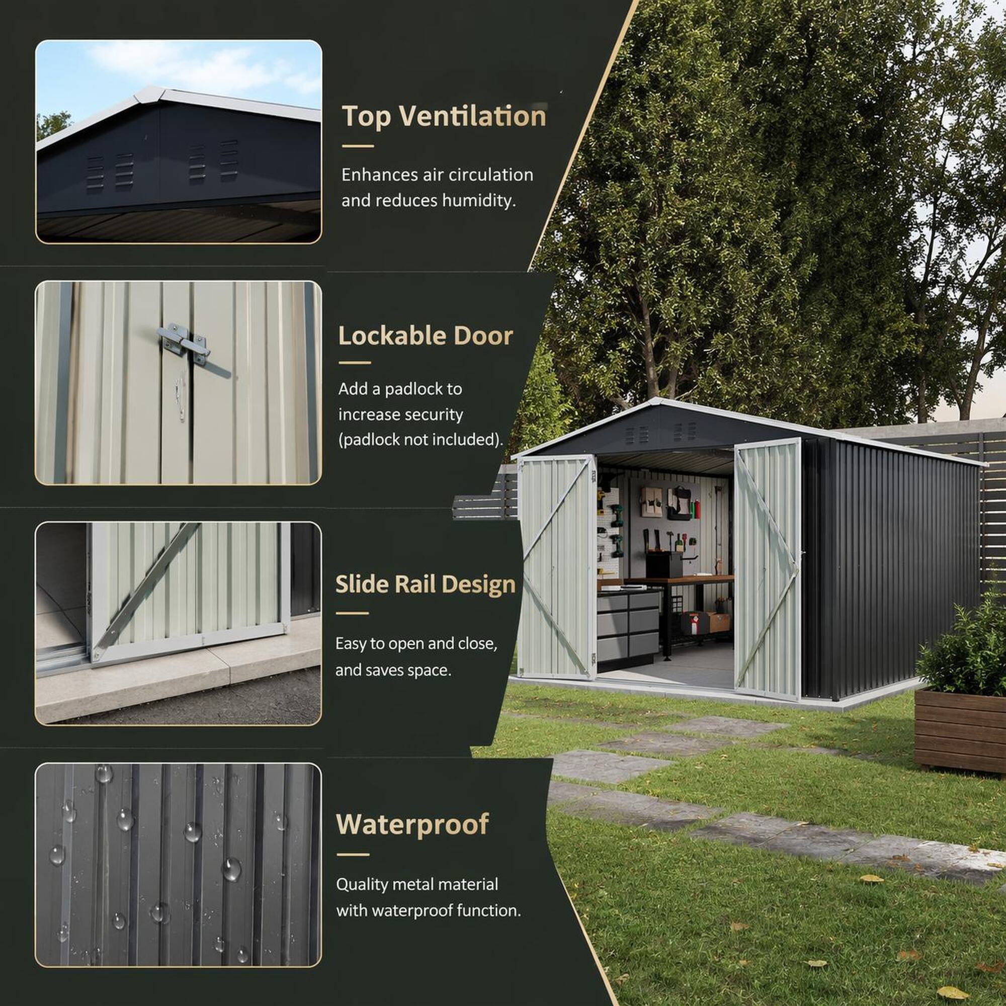 Top Ventilation  
Enhances air circulation and reduces humidity.  

Lockable Door  
Add a padlock to increase security (padlock not included).  

Slide Rail Design  
Easy to open and close, and saves space.  

Waterproof  
Quality metal material with waterproof function.