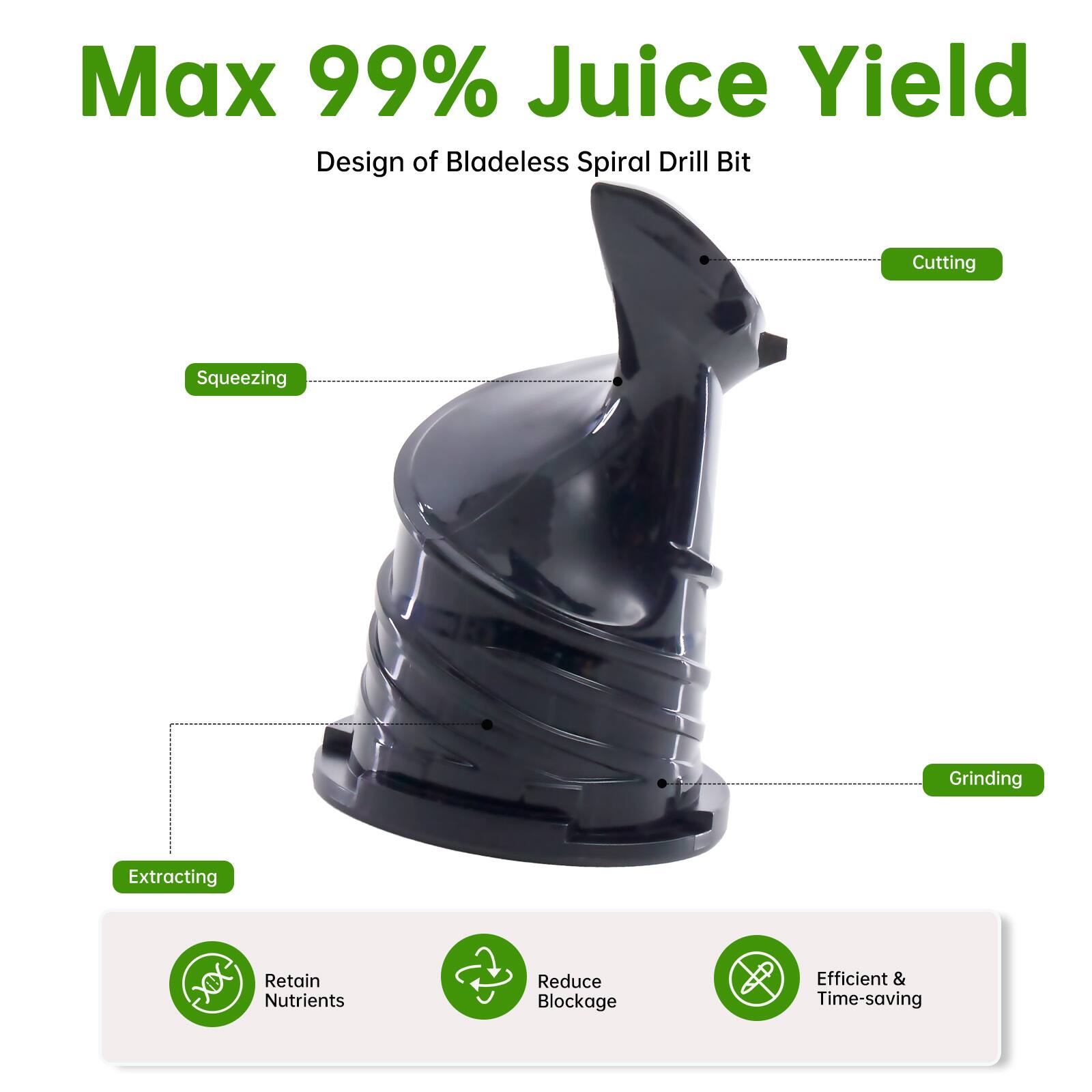 Max 99% Juice Yield  
Design of Bladeless Spiral Drill Bit  

- Cutting  
- Squeezing  
- Grinding  
- Extracting  

- Retain Nutrients  
- Reduce Blockage  
- Efficient & Time-saving