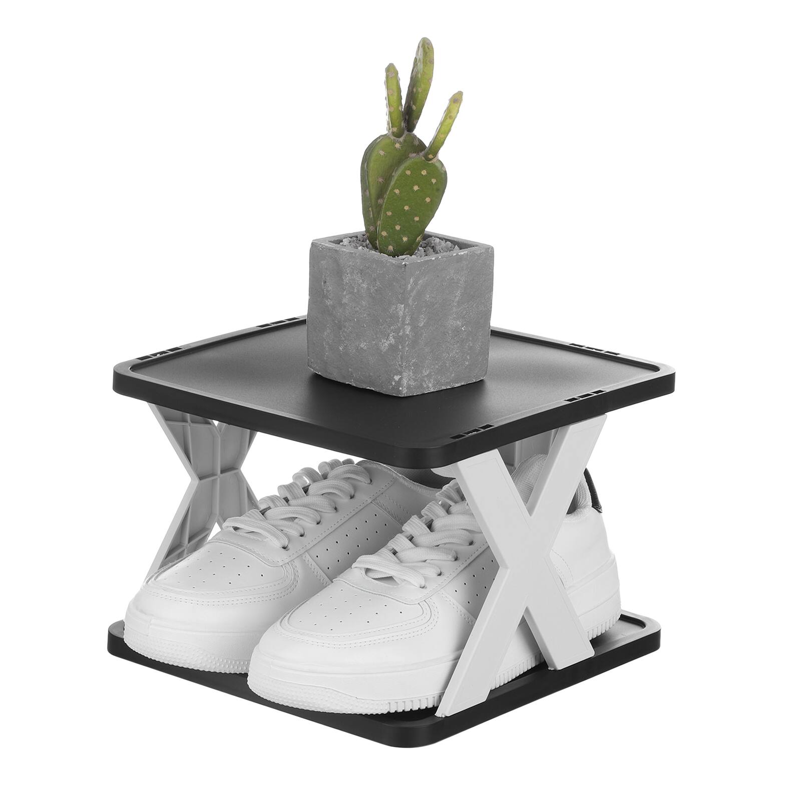 Front. Unique Bargains - 2-Tier Plastic Shoe Rack, Vertical Stackable Folding Narrow Shelf for Closet Entryway Garage - Black/White.
