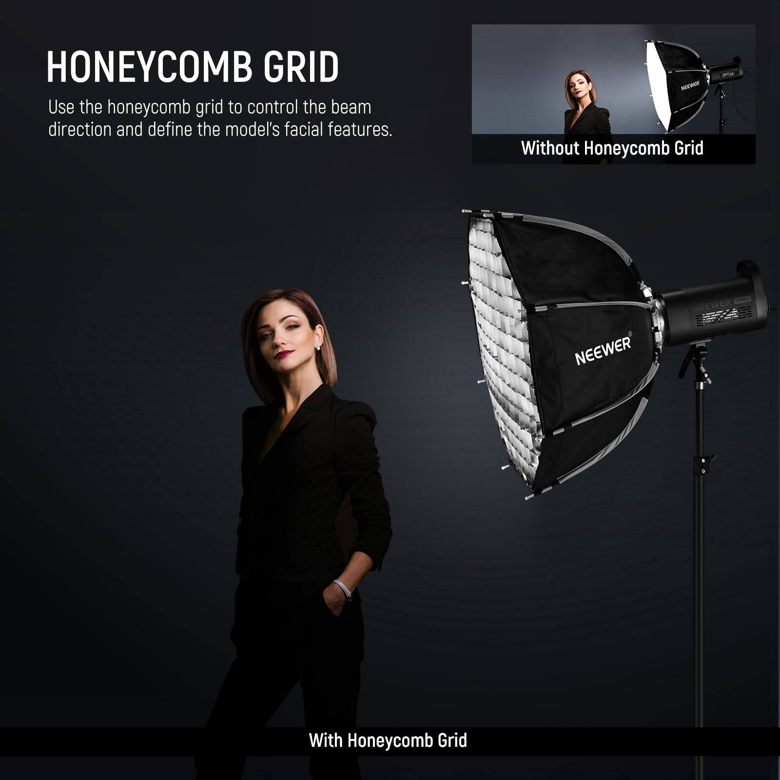 HONEYCOMB GRID

Use the honeycomb grid to control the beam direction and define the model's facial features.

Without Honeycomb Grid

With Honeycomb Grid