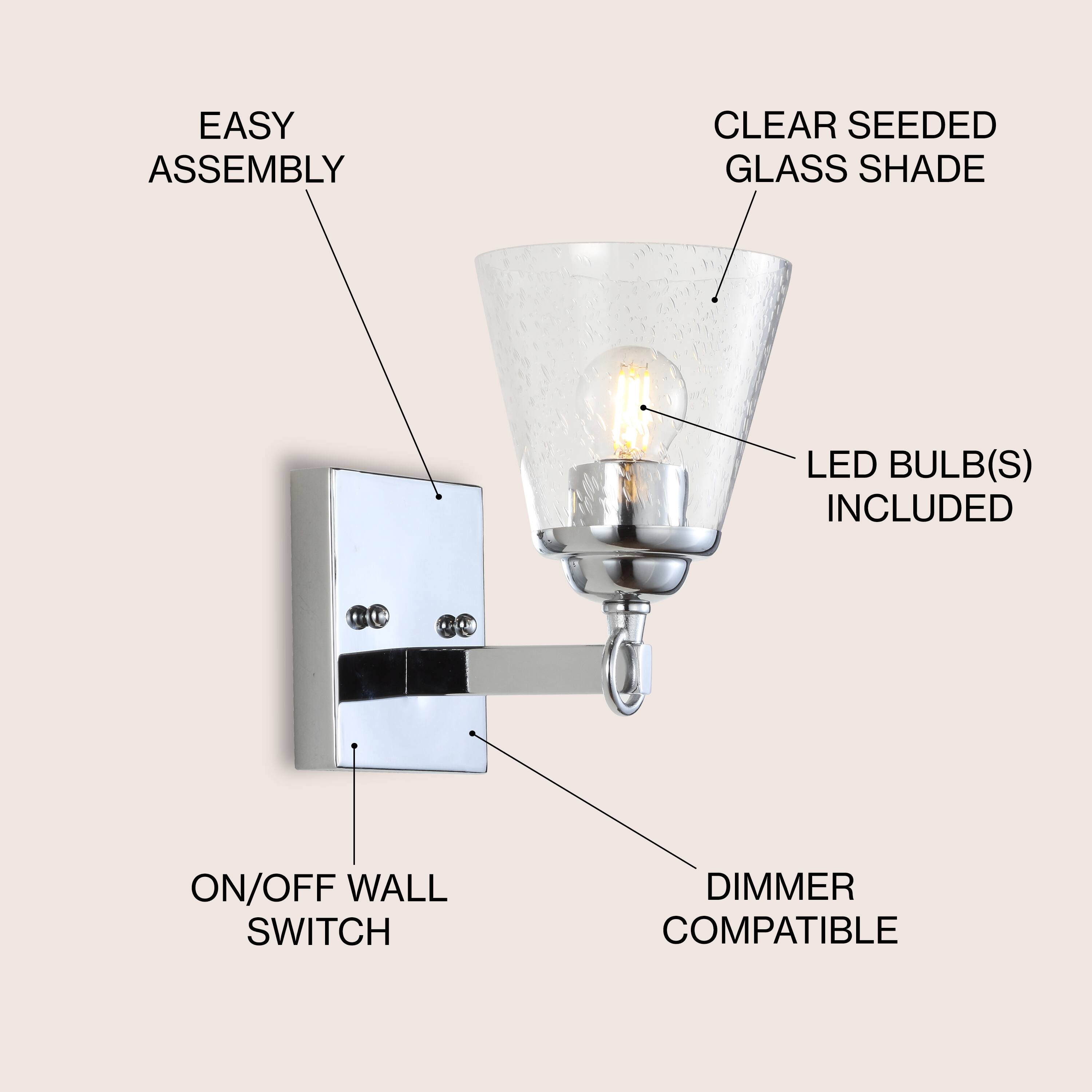 EASY ASSEMBLY  
CLEAR SEEDED GLASS SHADE  
LED BULB(S) INCLUDED  
ON/OFF WALL SWITCH  
DIMMER COMPATIBLE