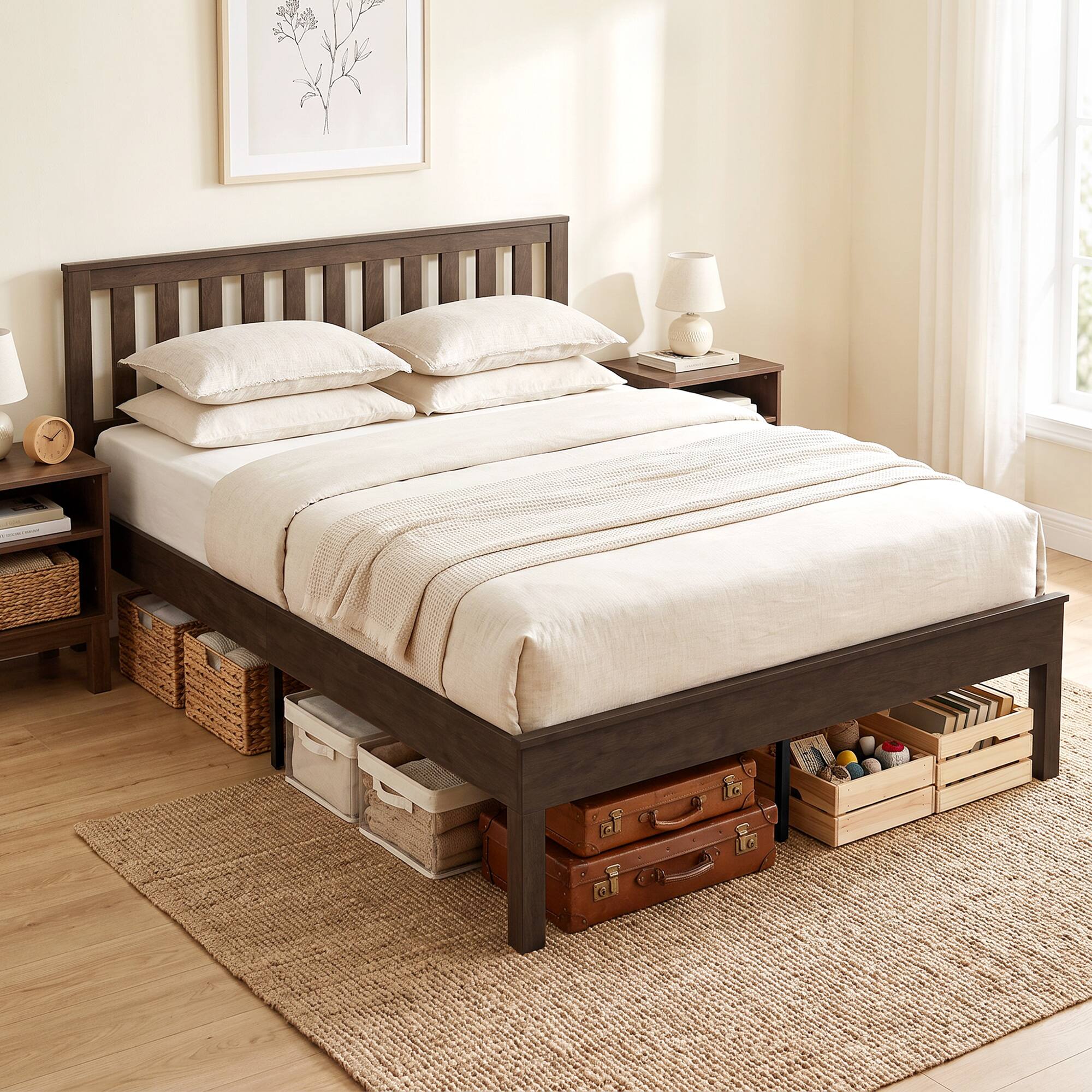 Alt View 1. Homcom - Size Bed Frame with Headboard and Footboard - Walnut.