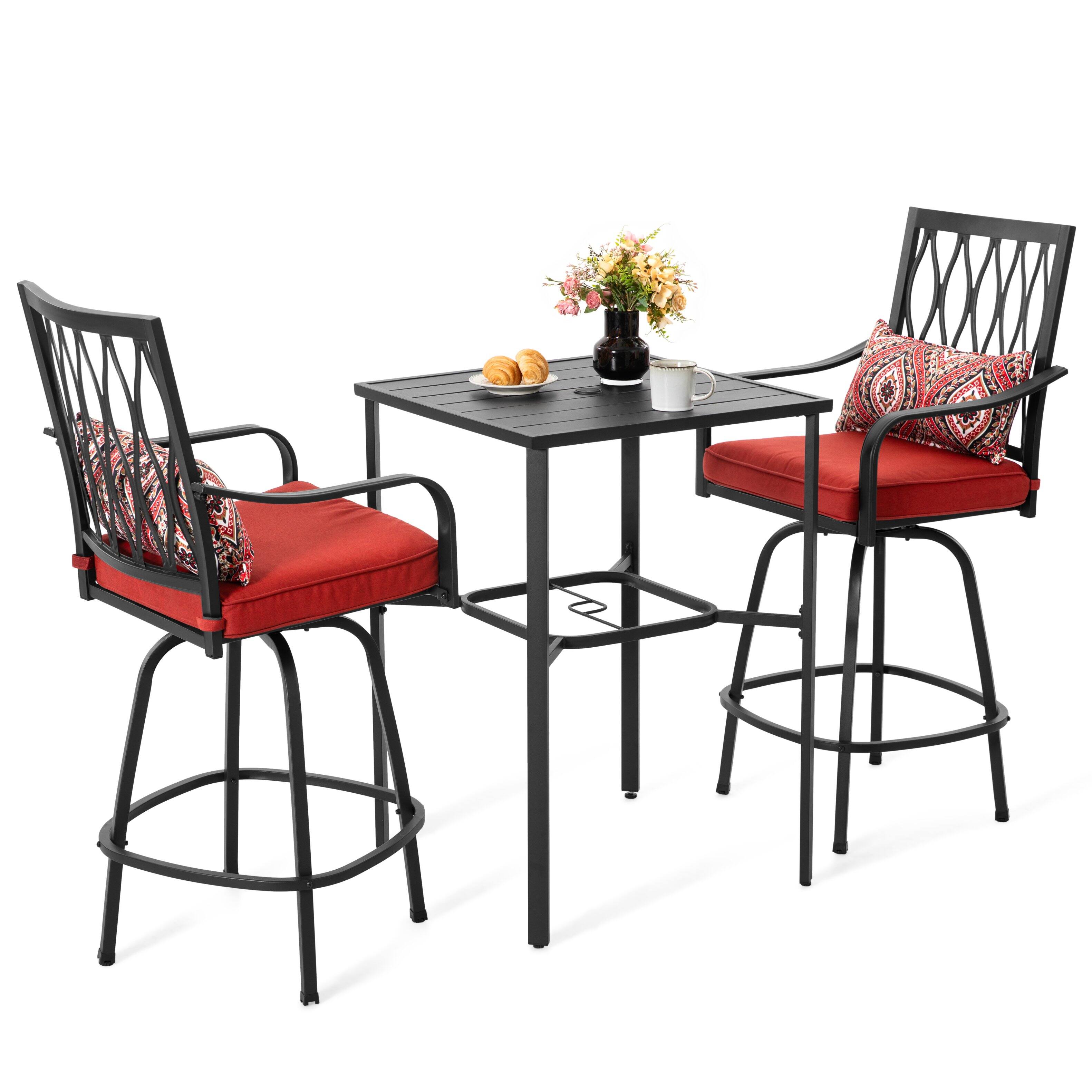 Alt View 7. Nuu Garden - Outdoor 3PCS Metal Swivel Bar Set with Umbrella Hole and Padded Cushions - Black and Red.