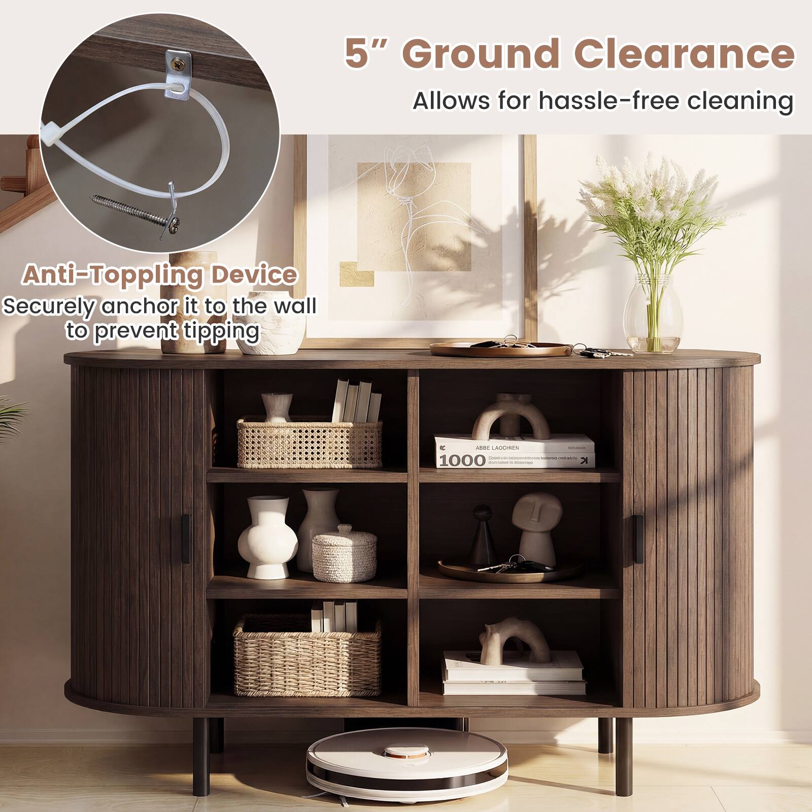 5" Ground Clearance Allows for hassle-free cleaning  
Anti-Toppling Device  
Securely anchor it to the wall to prevent tipping  

ABE LADCINEN | 1000