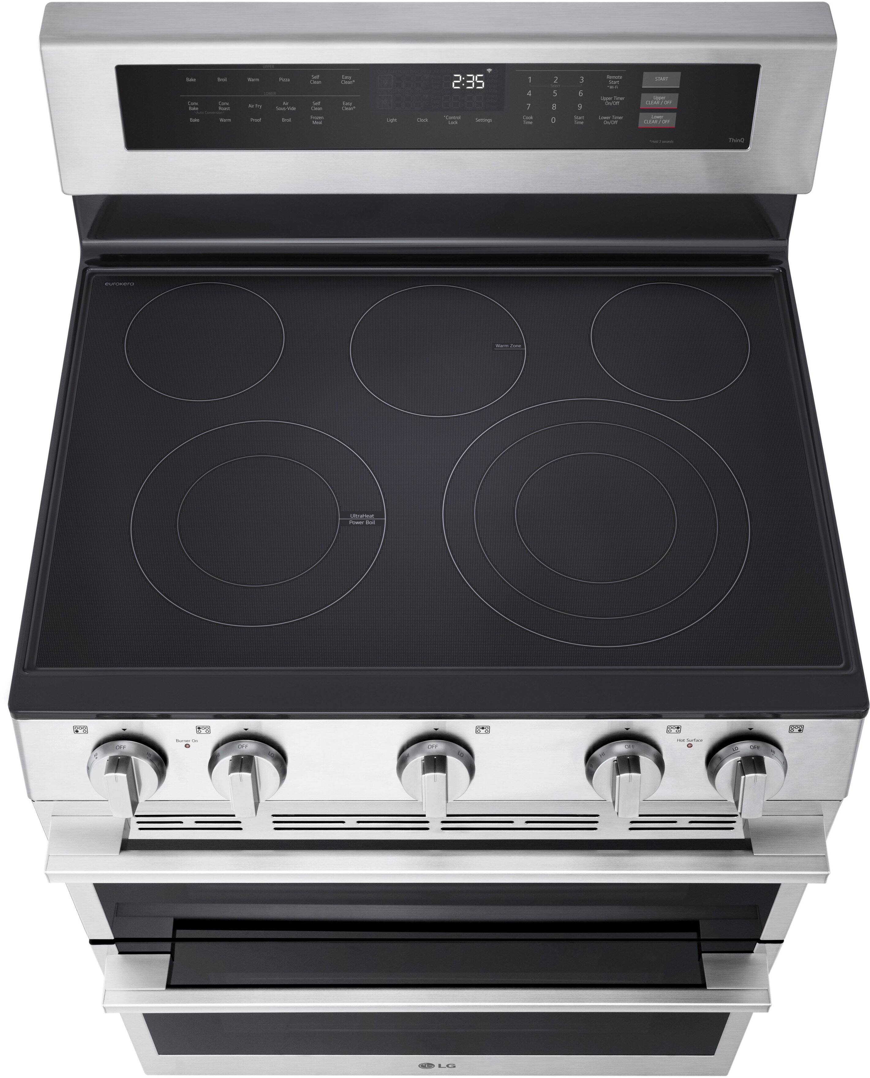 - Bake
- Broil
- Warm
- Pizza
- Self
- Clean
- Extra
- Convection
- Bake
- Convection
- Air Fry
- Steam
- Self
- Clean
- Frozen
- Bake
- Warm
- Proof
- Broil
- Light
- Clock
- Control Lock
- Settings
- 2:35
- 00:00
- 1 2 3 4 5 6 7 8 9 0
- Start Time
- Upper Time
- Lower Time
- Cancel
- Start
- Remote Start
- Climate Control
- Oven Light
- Clean Oven
- Thaw
- LG