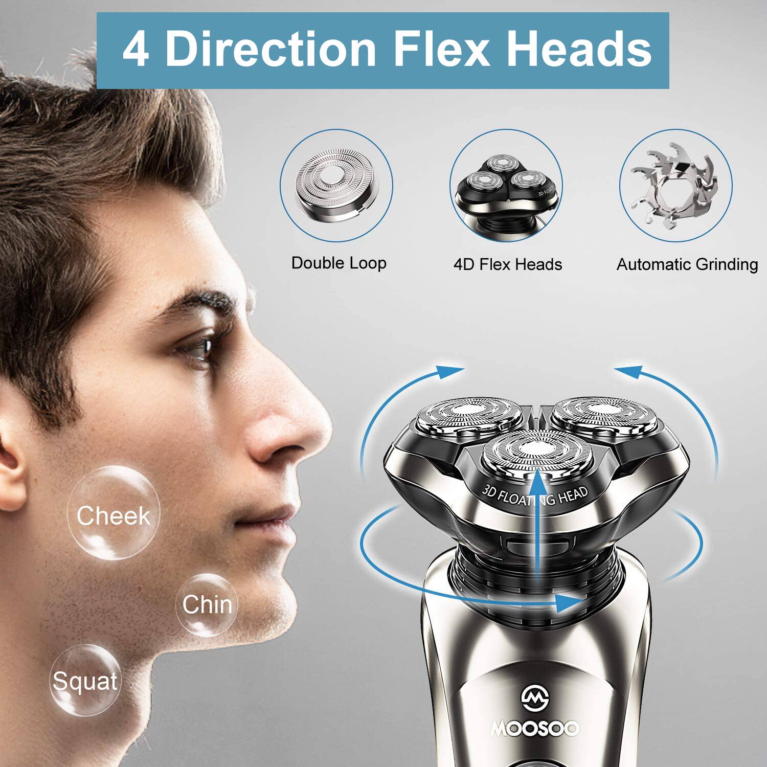 4 Direction Flex Heads

Double Loop  
4D Flex Heads  
Automatic Grinding  

Cheek  
Chin  
Squat  

3D FLOATING HEAD  

MOOSOO