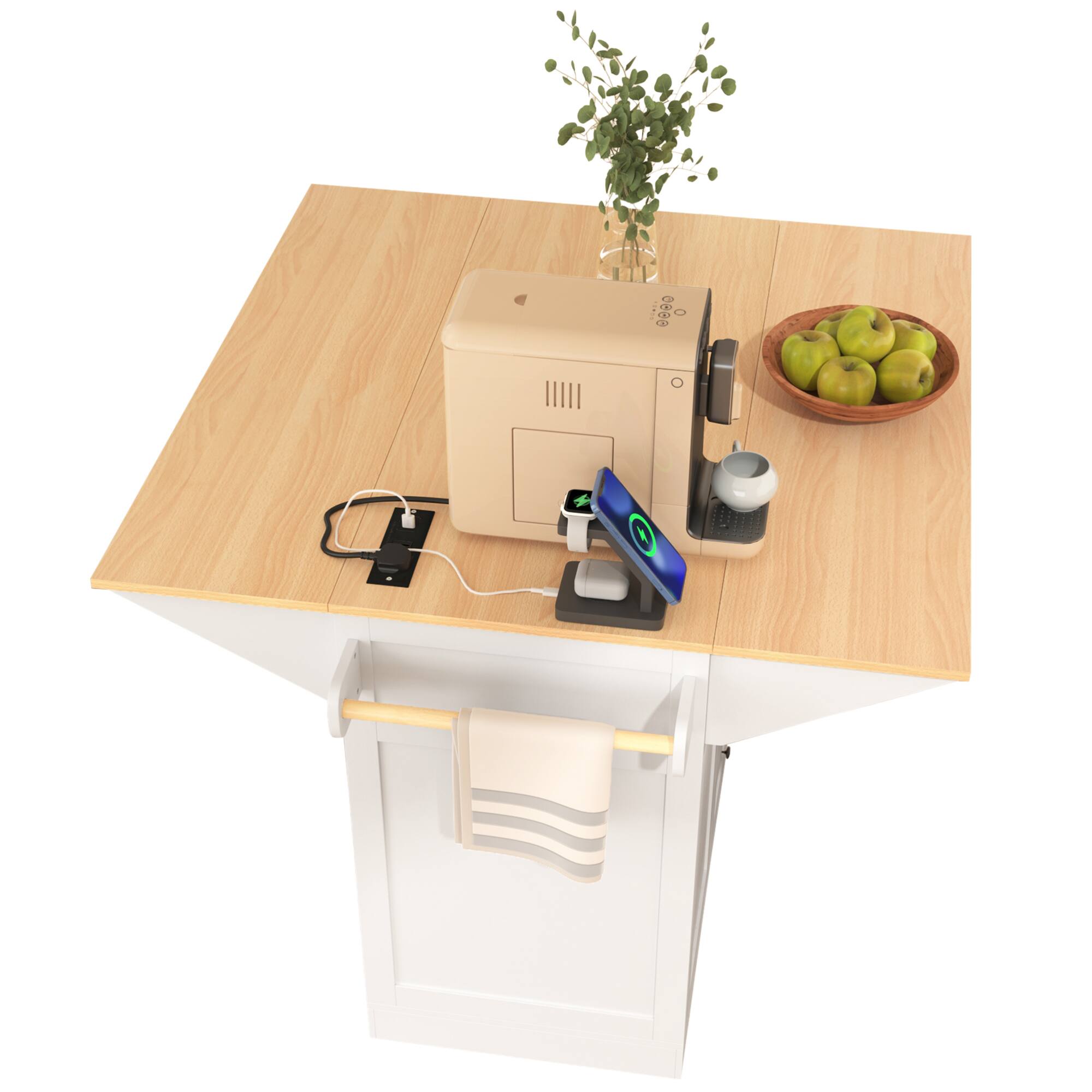 Alt View 5. ELEMENT ACE - Multifunctional Kitchen Island Cart with Drop Leaf Extensions, Power Outlets, and Ample Storage for Modern Kitchens - White.