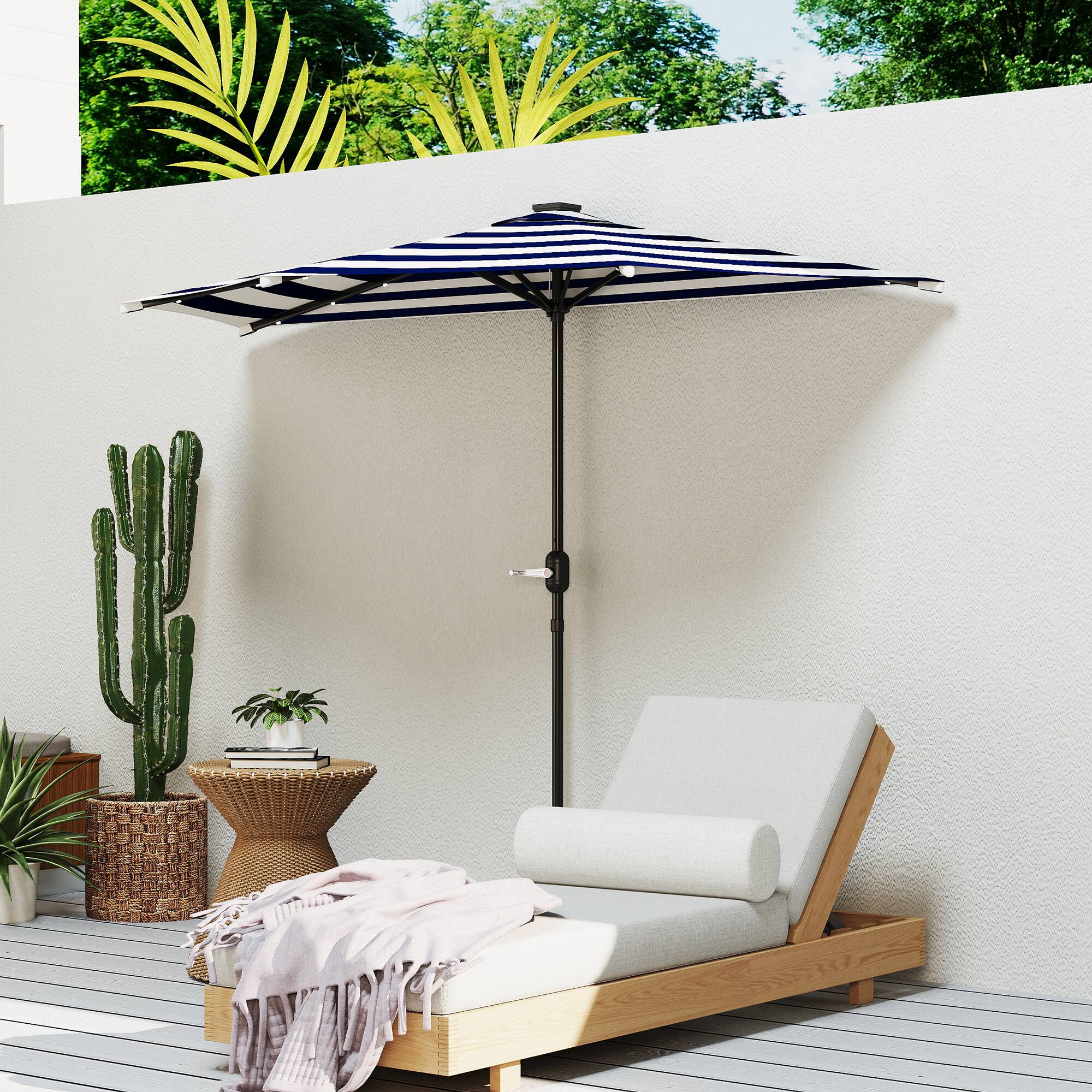 Alt View 5. Outsunny - Half Outdoor Patio Umbrella, UPF 30+ Small Vented Half Patio Umbrella with Crank 8 Ribs - Navy Blue.