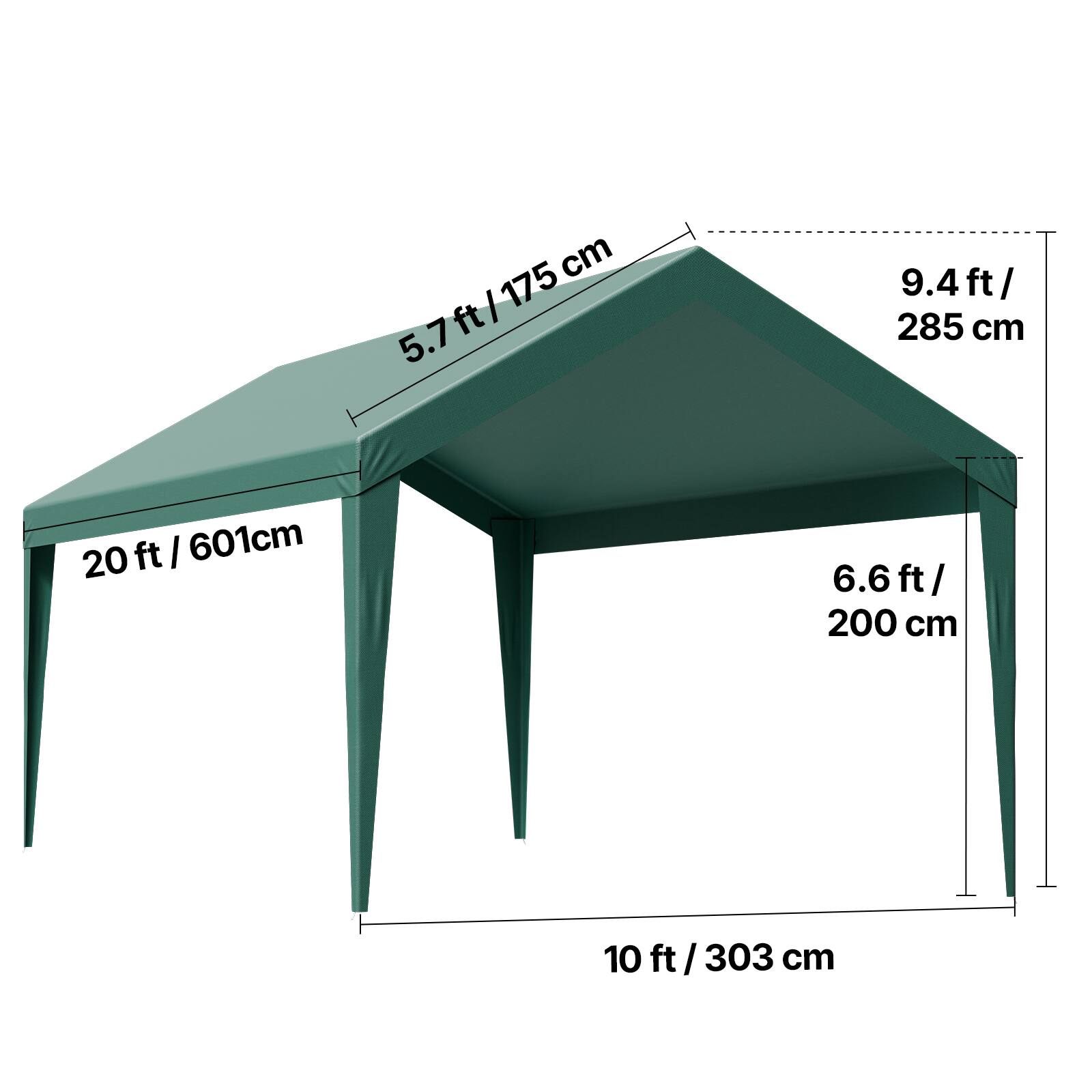 - 20 ft / 601 cm
- 10 ft / 303 cm
- 5.7 ft / 175 cm
- 6.6 ft / 200 cm
- 9.4 ft / 285 cm