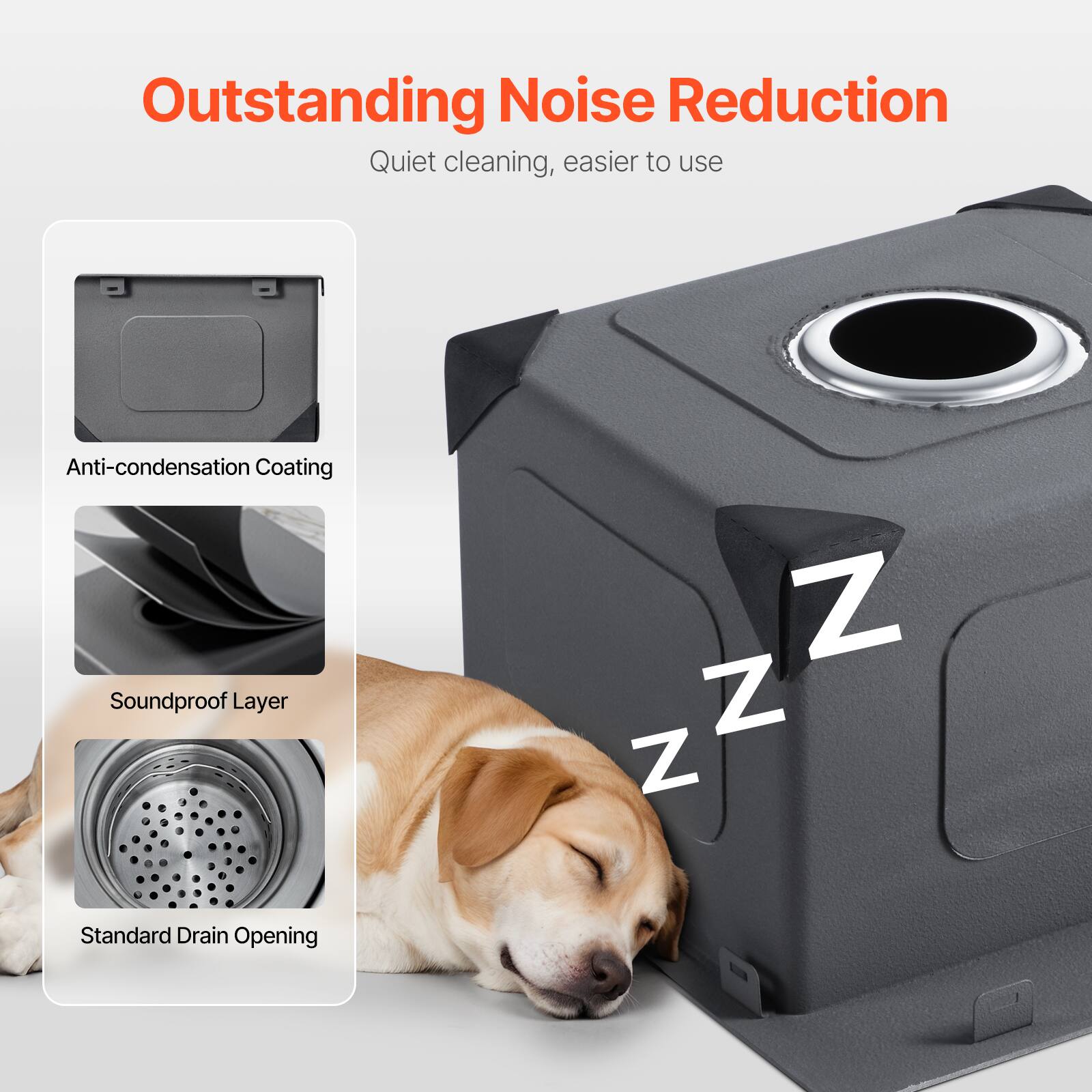 Outstanding Noise Reduction
Quiet cleaning, easier to use

Anti-condensation Coating
Soundproof Layer
Standard Drain Opening