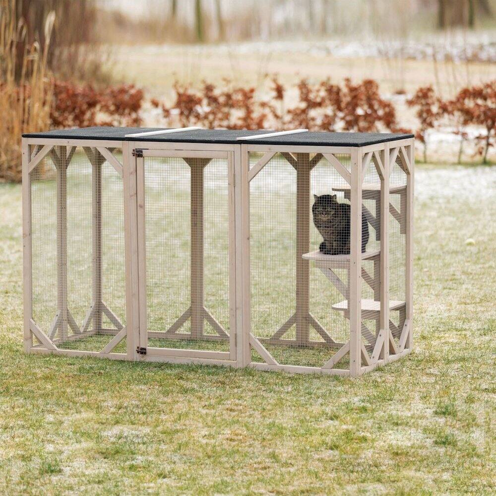 Left. TRIXIE - Natura Weatherproof Wooden Cattery with 3 Perches, 44L x 70.9W x 31.5H, Gray - Light Gray.