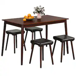 Gymax - 5PCS Dining Table Set for 4 w/ 4 Upholstered Stools Rubber Wood Legs for Kitchen - Brown