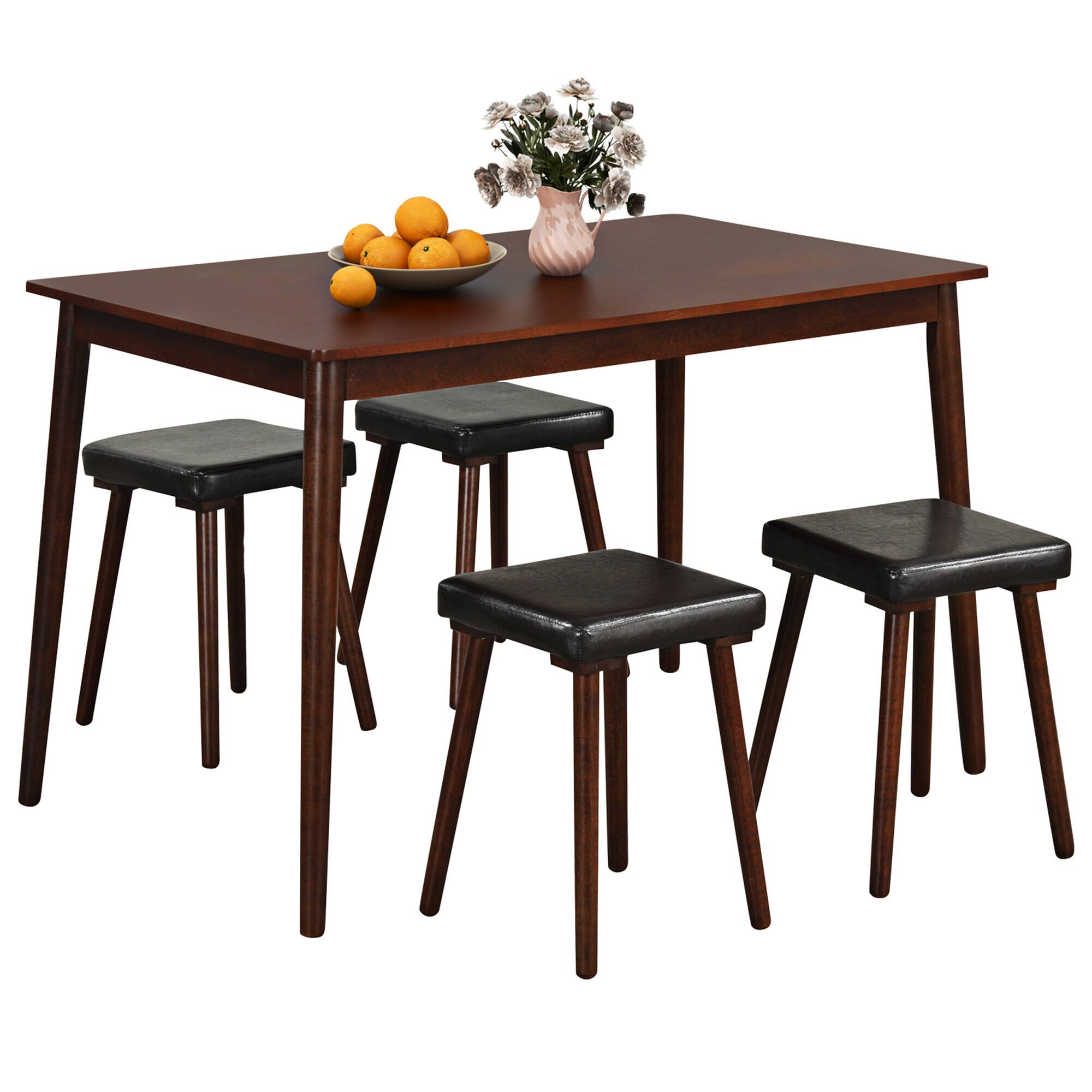 Gymax - 5PCS Dining Table Set for 4 w/ 4 Upholstered Stools Rubber Wood Legs for Kitchen - Brown