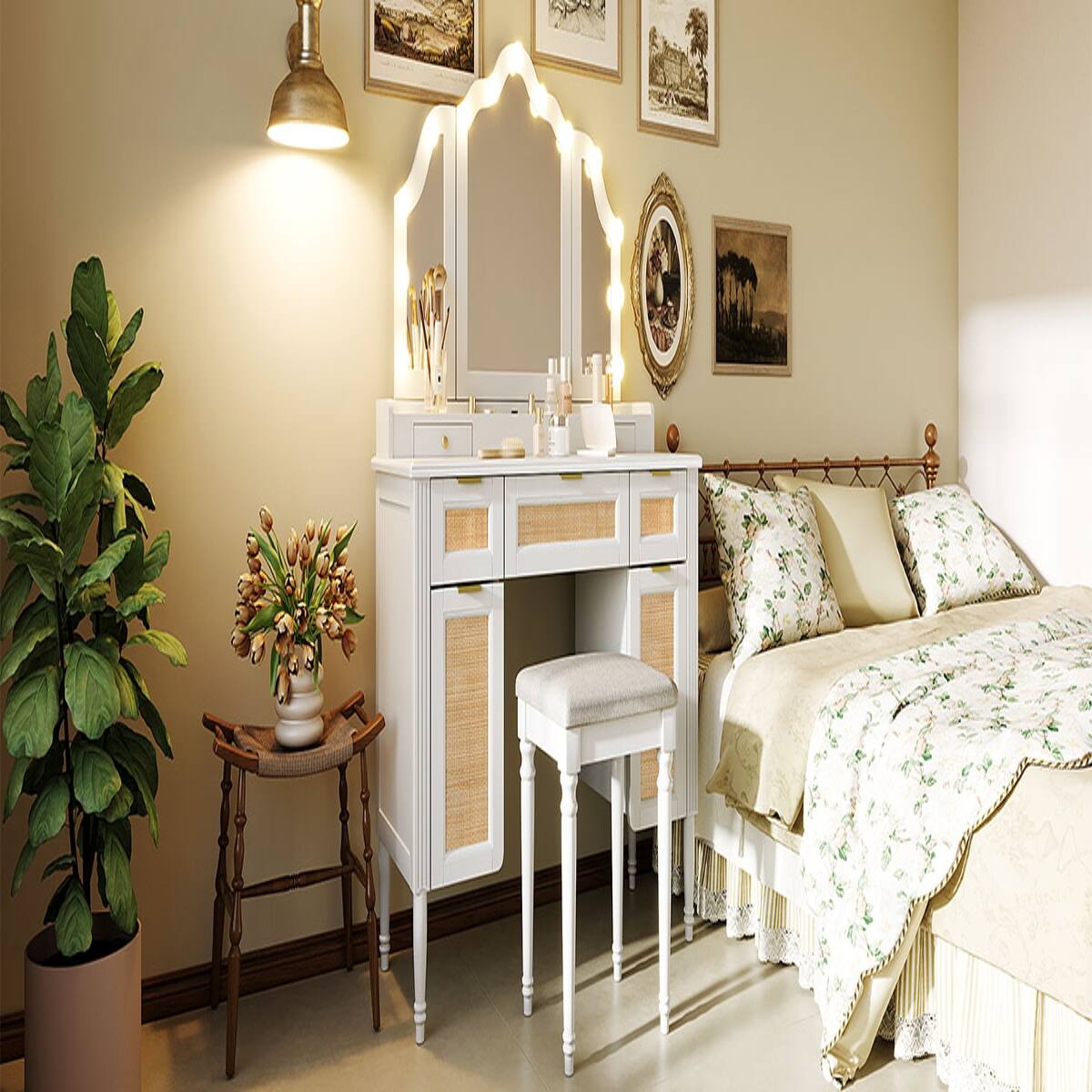 Alt View 6. Loheer - Loheer White Makeup Vanity with Tri Fold Mirror and Matching Stool - White.