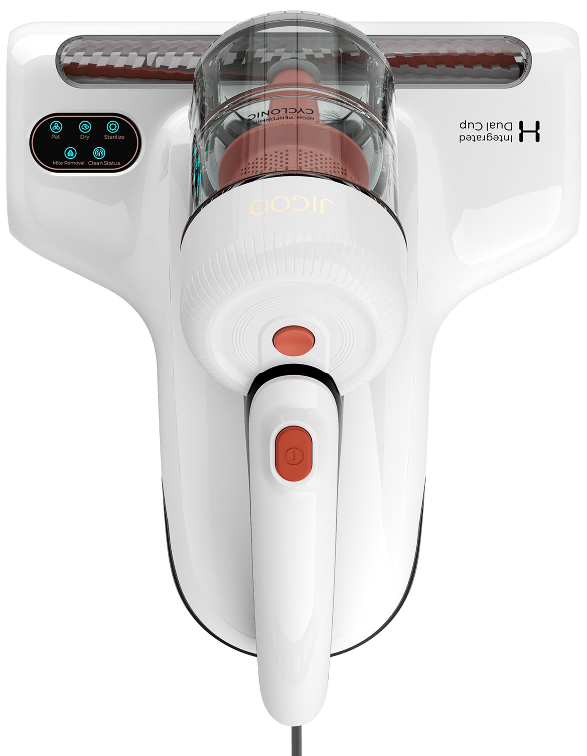 The text on the image reads: "Pat Dry Sterilize & Clean Status Cyclonic Toa3 1ES Cup Dual Integrated H JIGOO."