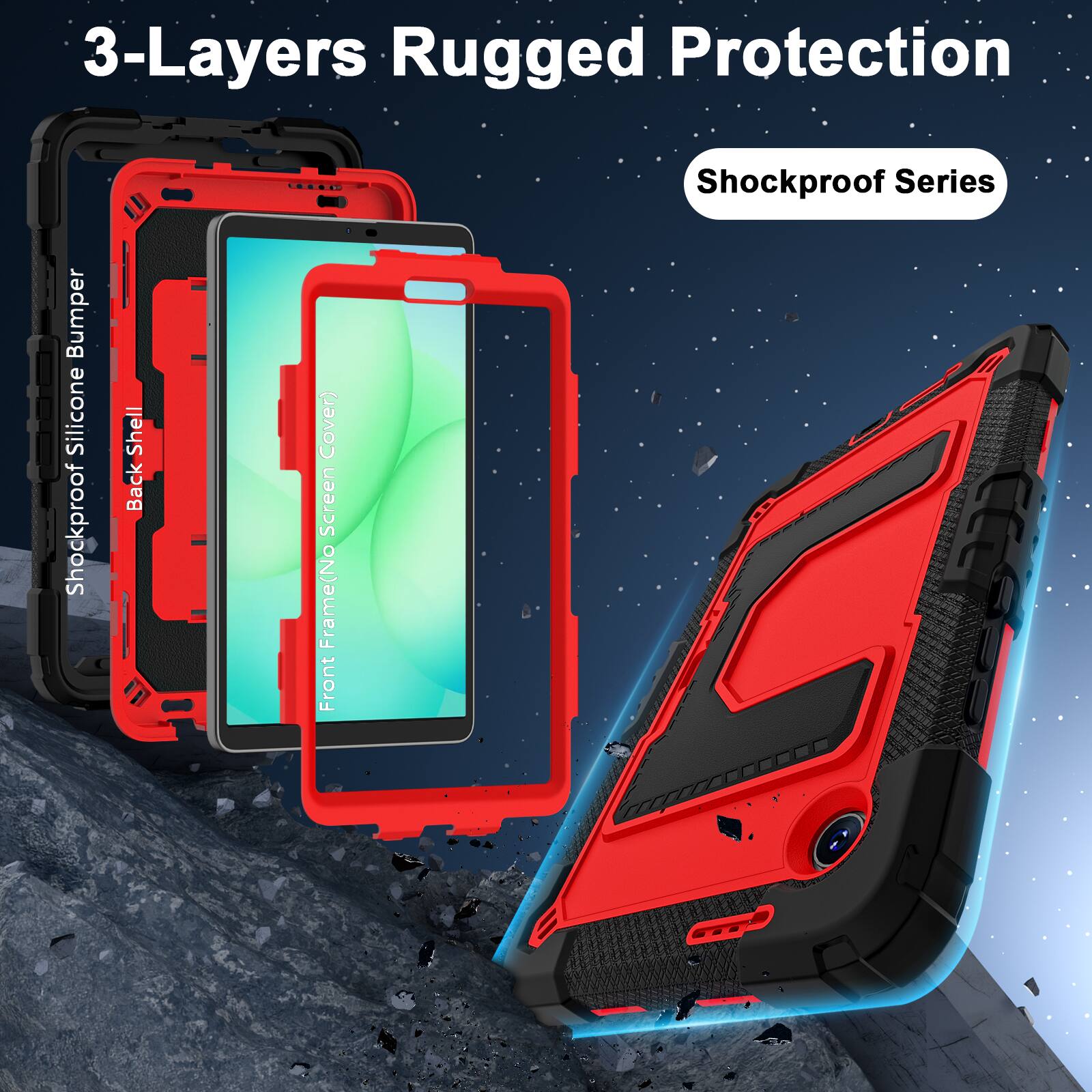 3-Layers Rugged Protection  
Shockproof Series  

- Shockproof Silicone Bumper  
- Back Shell  
- Screen Frame (No Front Frame)