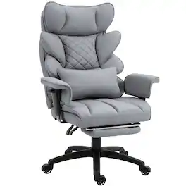 Dowinx - Wide Back Executive Office Chair with Padded Pocket Spring Cushion, Reclining Gaming Chair with Footrest and Armrests - Grey PU Leather