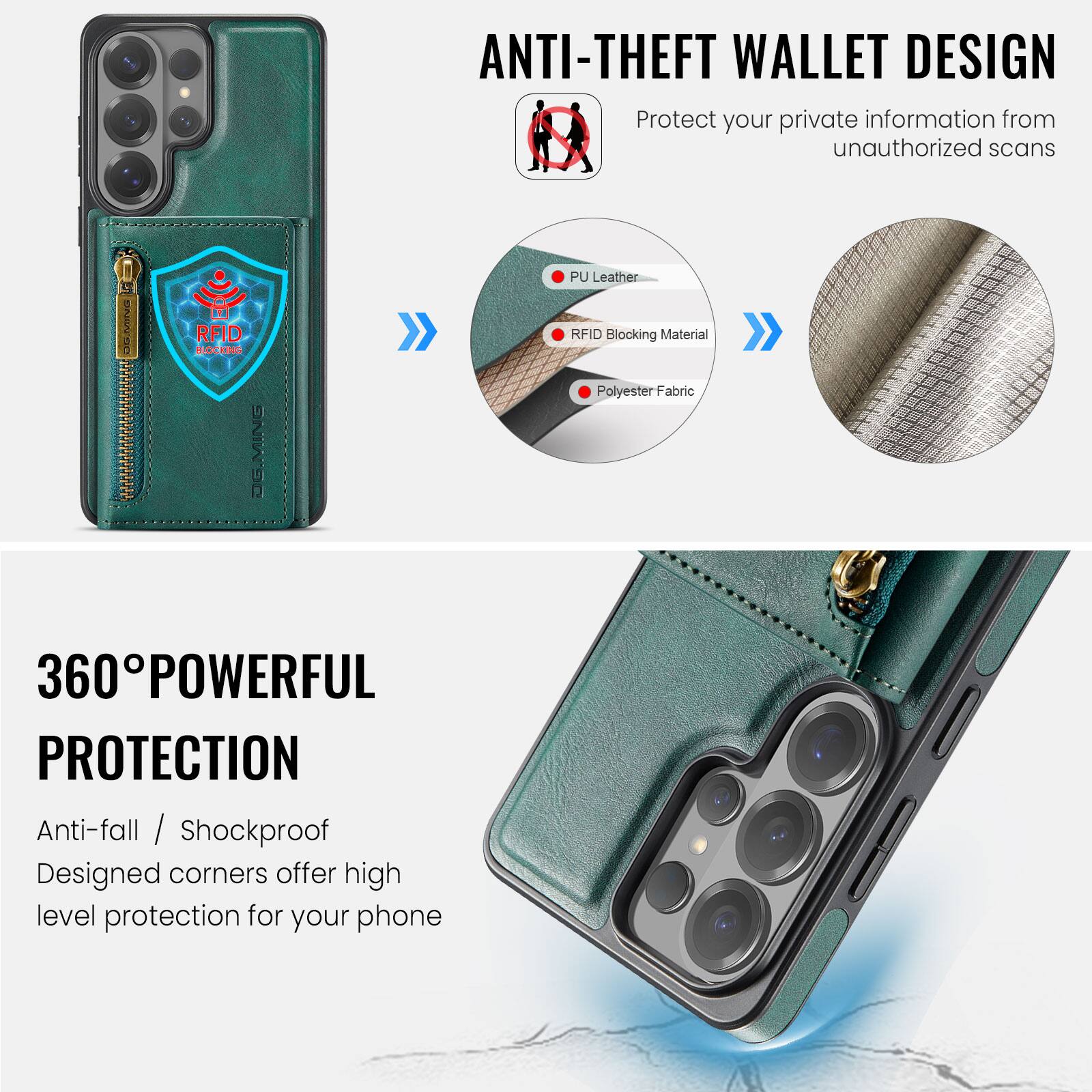 ANTI-THEFT WALLET DESIGN  
Protect your private information from unauthorized scans  

360° POWERFUL PROTECTION  
Anti-fall / Shockproof  
Designed corners offer high level protection for your phone  

- PU Leather  
- RFID Blocking Material  
- Polyester Fabric